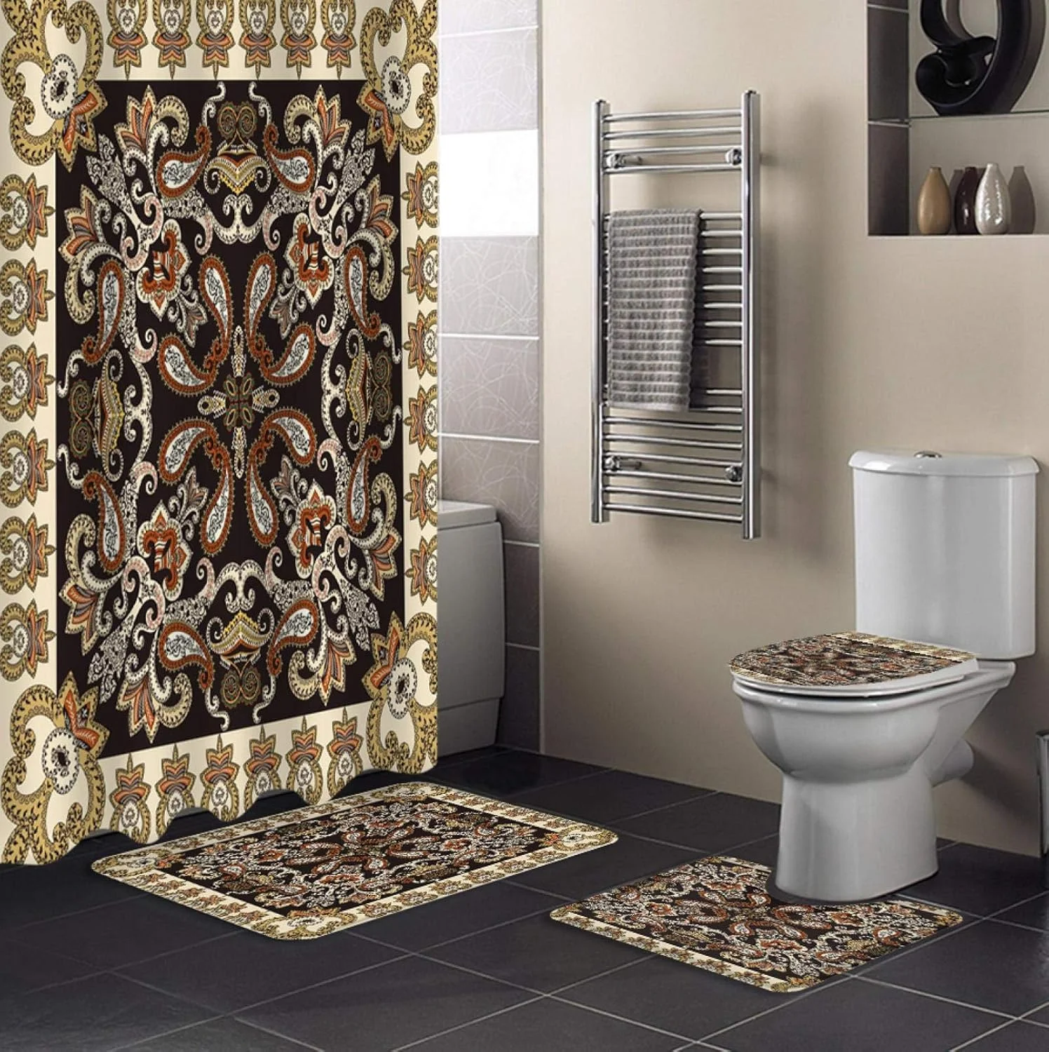 ست پرده حمام ضد آب بادوام به سبک قدیمی، فرش حمام، روکش صندلی توالت، پادری