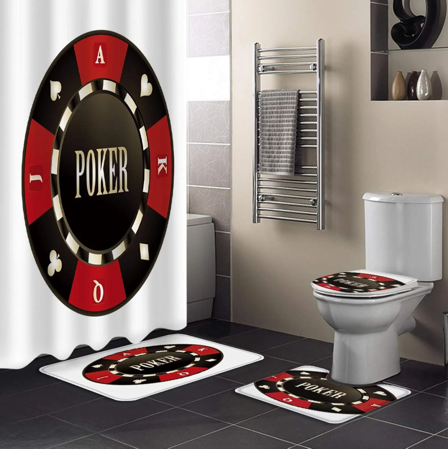 پرده حمام ضد آب با طرح قلب هلو و چیپ پوکر به همراه ست فرش دستشویی، روکش صندلی توالت و پادری