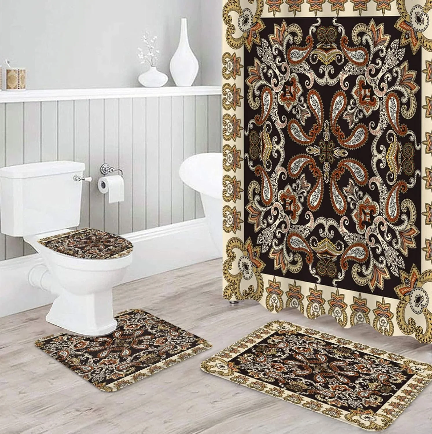 ست پرده حمام ضد آب بادوام به سبک قدیمی، فرش حمام، روکش صندلی توالت، پادری