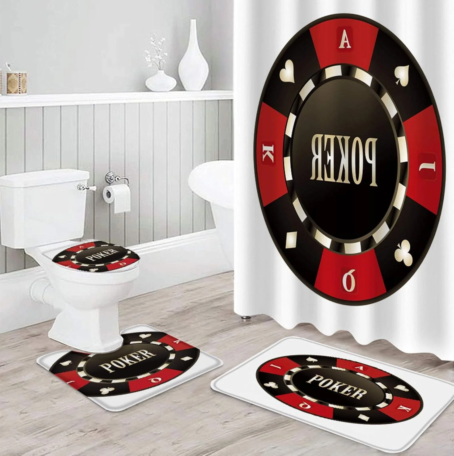 پرده حمام ضد آب با طرح قلب هلو و چیپ پوکر به همراه ست فرش دستشویی، روکش صندلی توالت و پادری