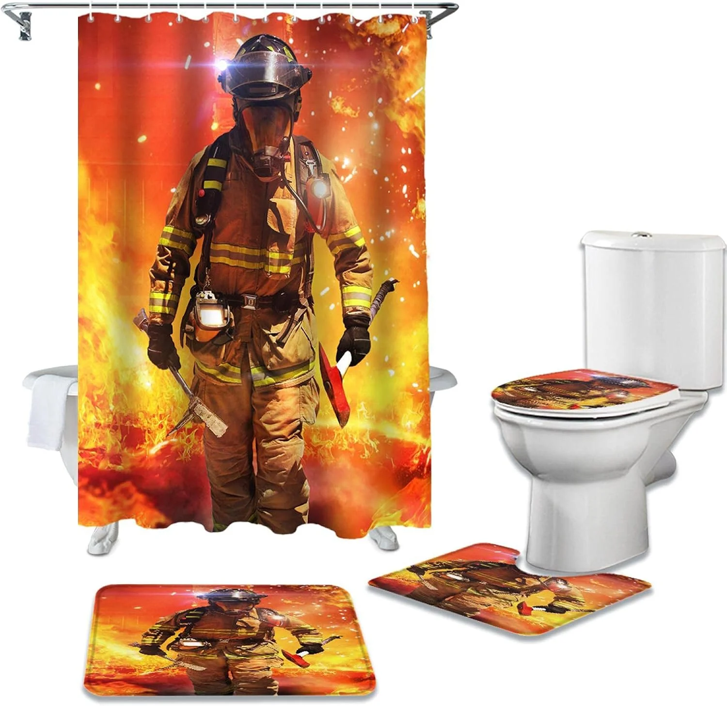 ست پرده حمام ضد آب و بادوام با طرح آتش نشان، فرش و پادری، روکش صندلی توالت