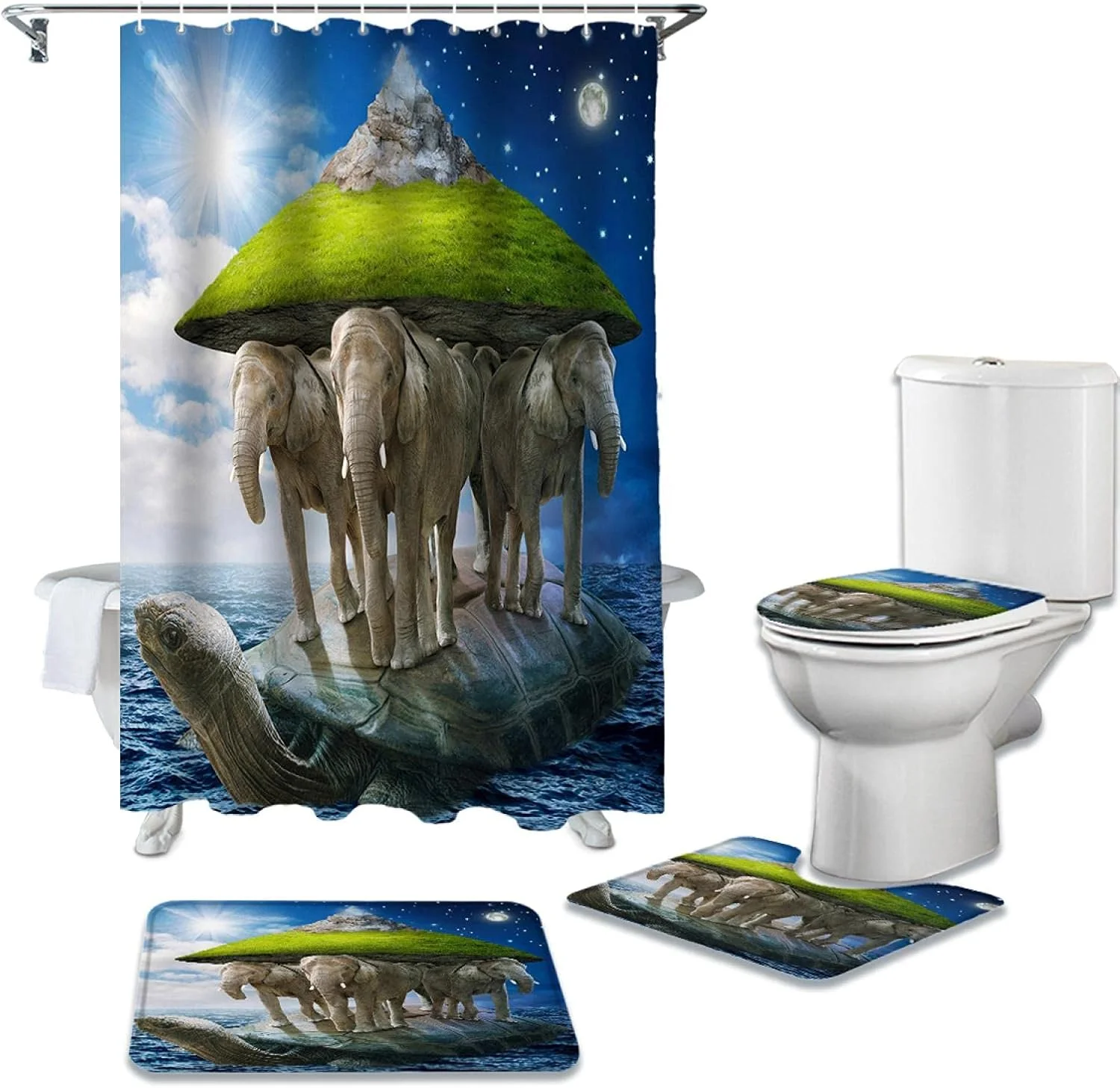 ست پرده حمام ضد آب طرح لاک پشت و فیل، فرش و پادری حمام، روکش صندلی توالت و زیرپایی