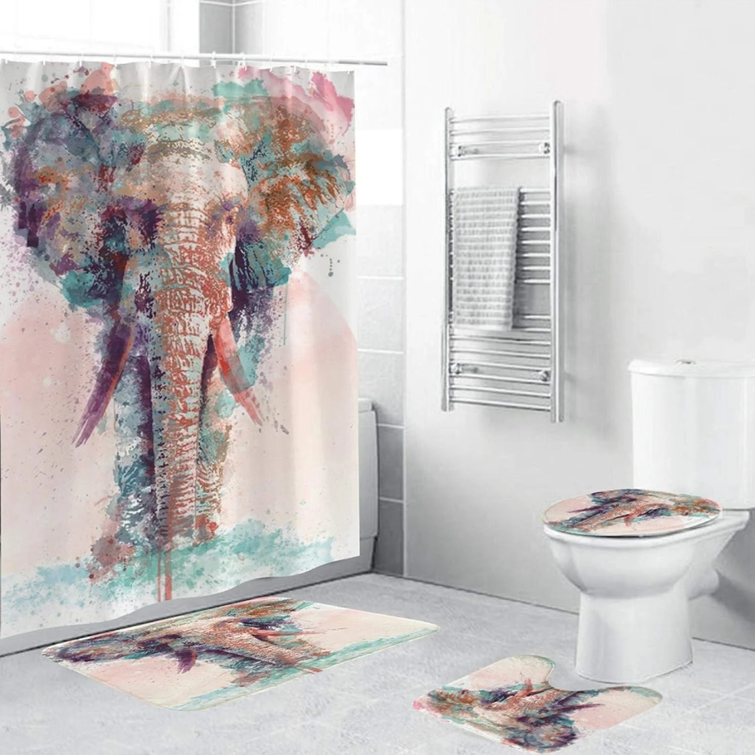 پرده حمام طرح فیل آبرنگی پلی استر ست 4 تکه شامل فرش، روکش توالت، پد زیرپایی و پادری برای دکوراسیون منزل