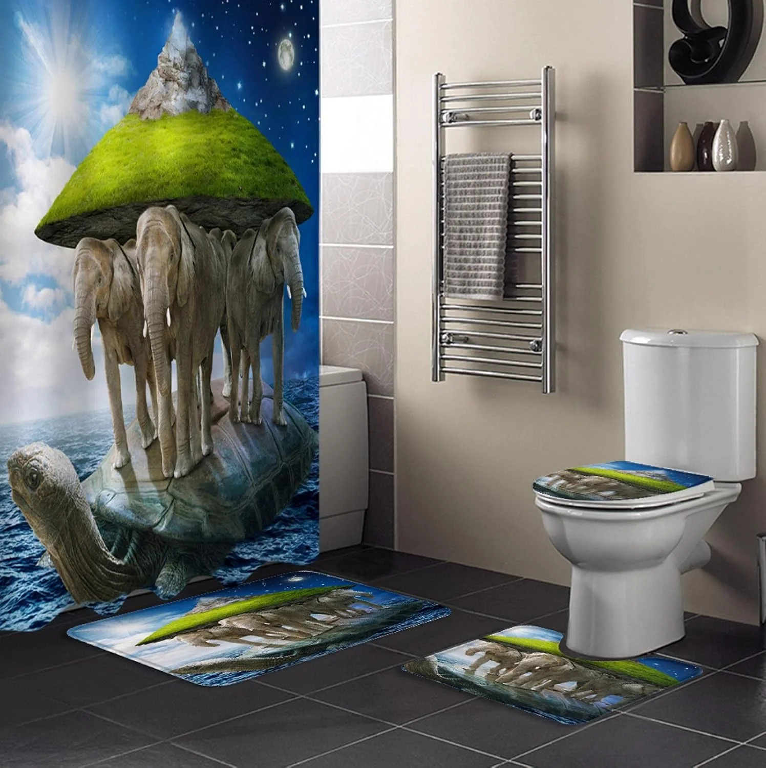 ست پرده حمام ضد آب طرح لاک پشت و فیل، فرش و پادری حمام، روکش صندلی توالت و زیرپایی