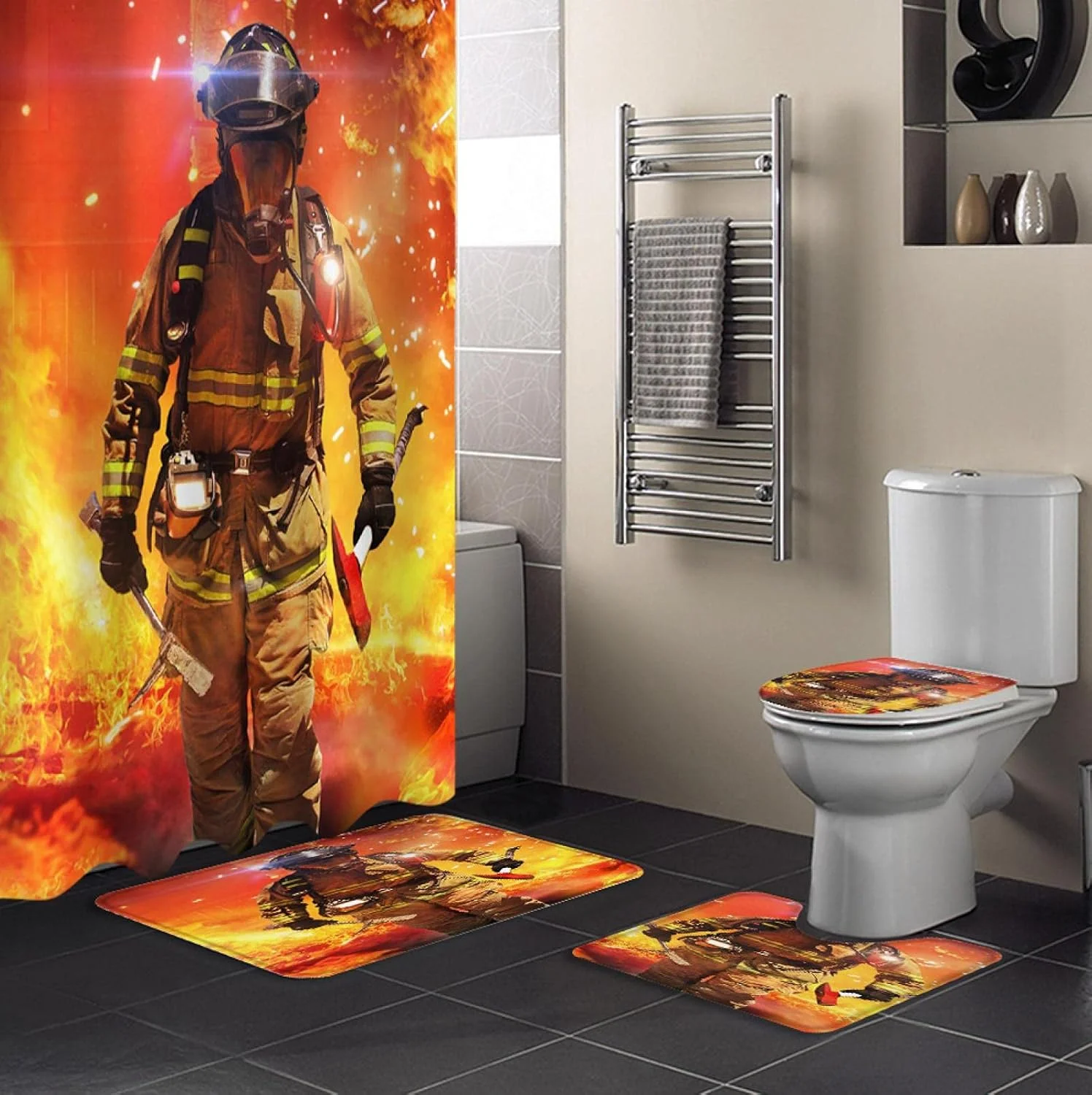 ست پرده حمام ضد آب و بادوام با طرح آتش نشان، فرش و پادری، روکش صندلی توالت