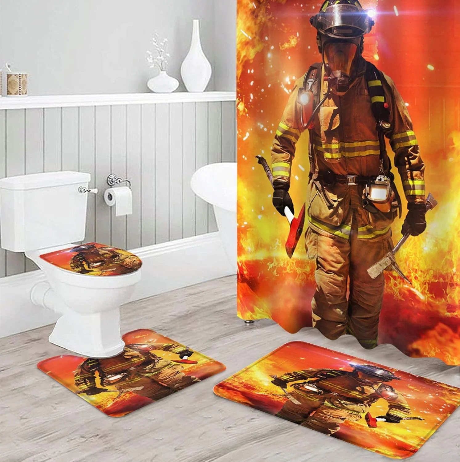 ست پرده حمام ضد آب و بادوام با طرح آتش نشان، فرش و پادری، روکش صندلی توالت