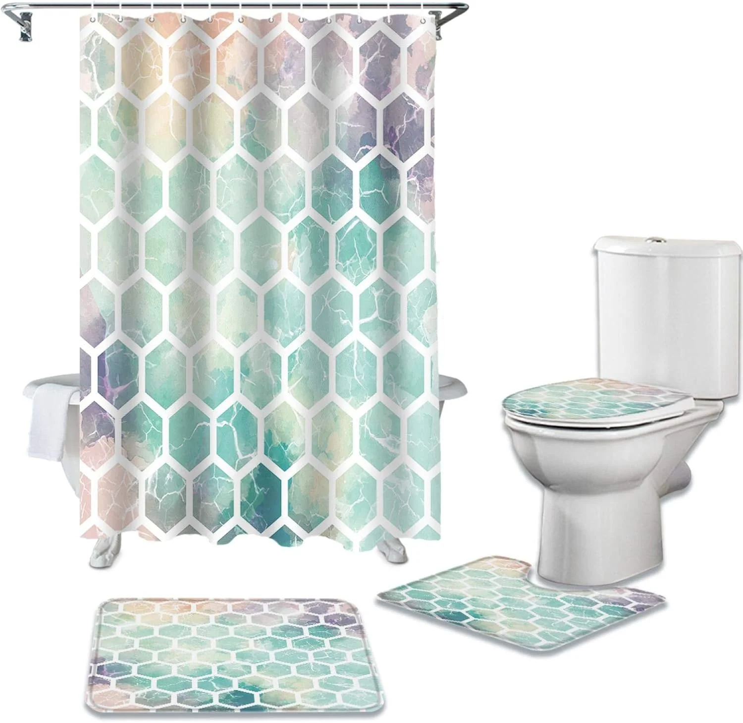 ست پرده حمام ضد آب بادوام با طرح مرمر فیروزه ای هندسی شش ضلعی، فرش و پادری حمام و روکش توالت