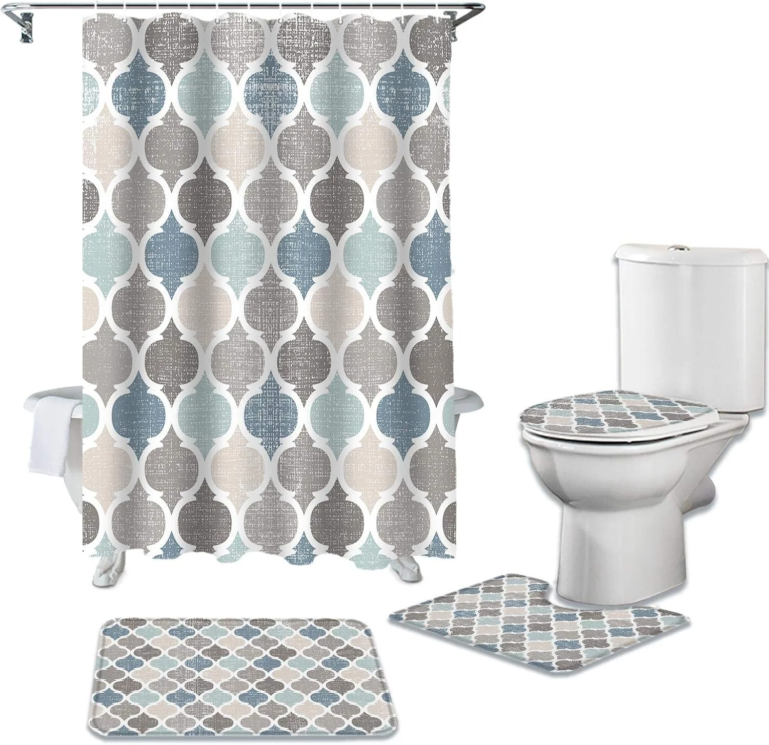 ست حمام هندسی آبی BANLV شامل پرده حمام ضد آب با پارچه بادوام، فرش، روکش توالت و پادری