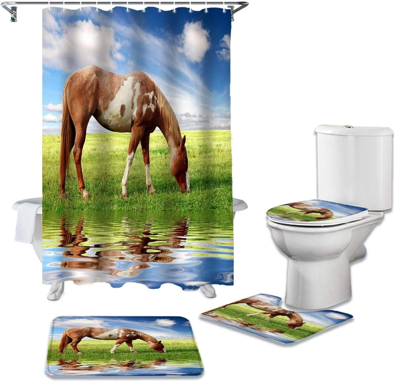 ست پرده حمام ضد آب طرح اسب قهوه ای، چمنزار، رودخانه، به همراه فرش دستشویی، روکش صندلی توالت و پادری