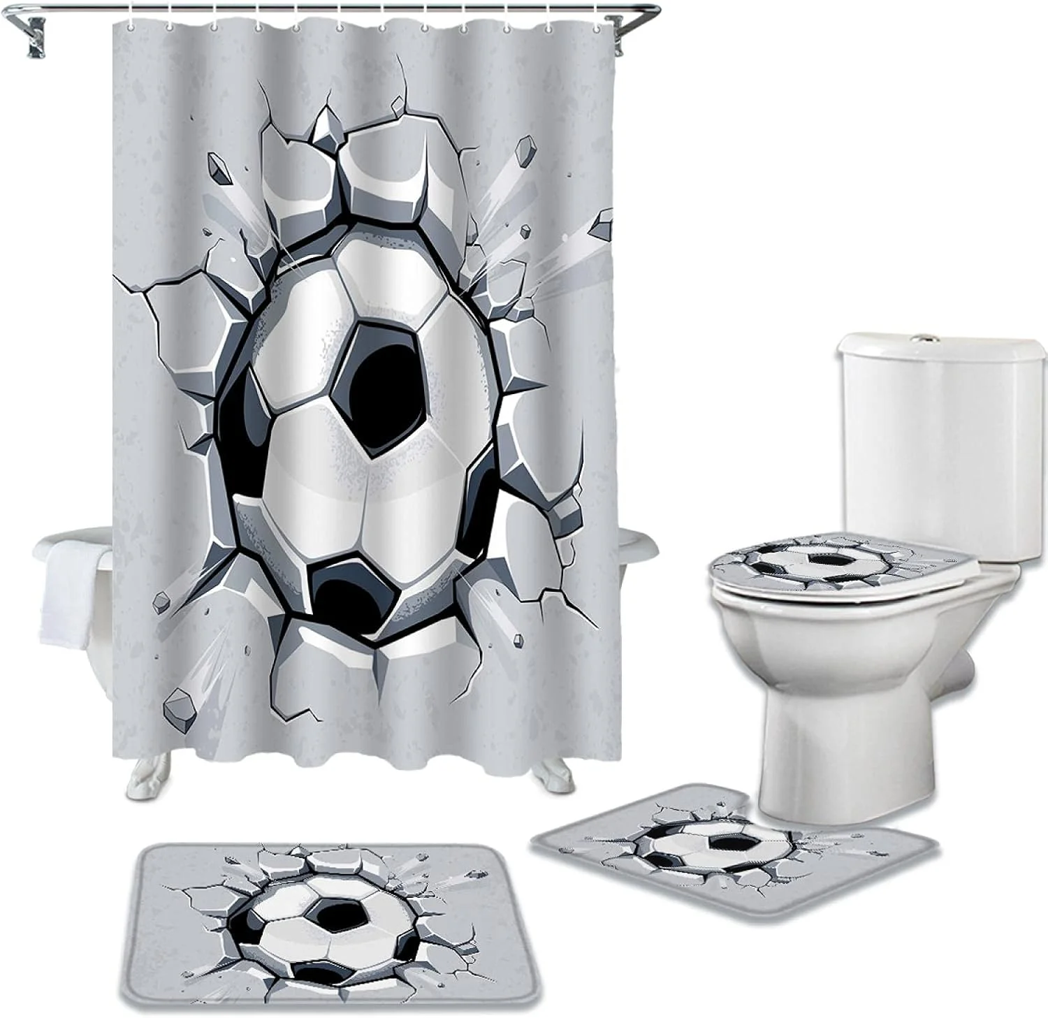 ست پرده حمام طرح دیوار فوتبال شکسته، شامل پرده ضد آب، فرش ضد لغزش، روکش درب توالت و پادری حمام