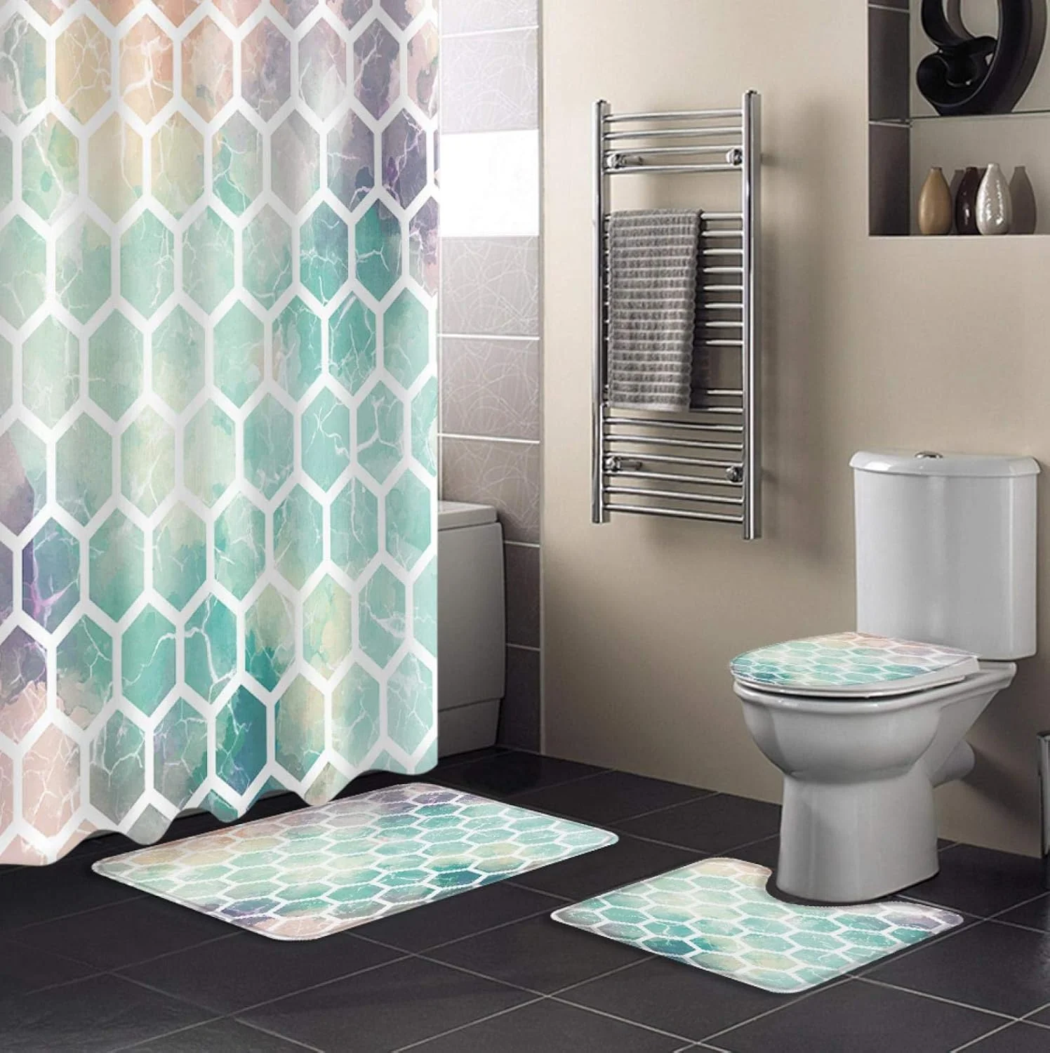 ست پرده حمام ضد آب بادوام با طرح مرمر فیروزه ای هندسی شش ضلعی، فرش و پادری حمام و روکش توالت