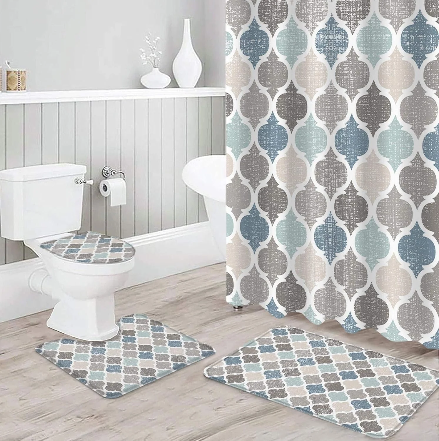 ست حمام هندسی آبی BANLV شامل پرده حمام ضد آب با پارچه بادوام، فرش، روکش توالت و پادری