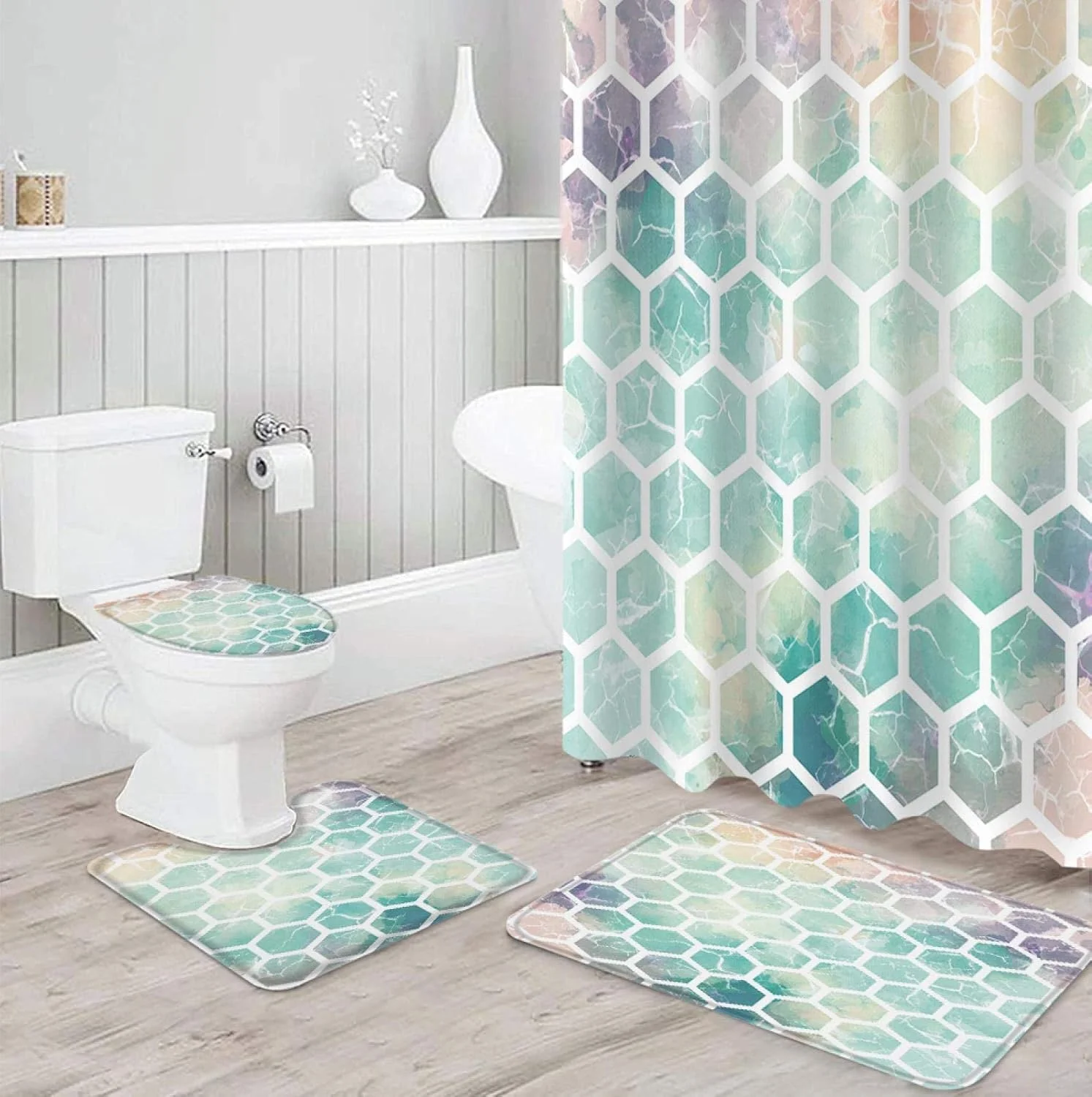 ست پرده حمام ضد آب بادوام با طرح مرمر فیروزه ای هندسی شش ضلعی، فرش و پادری حمام و روکش توالت