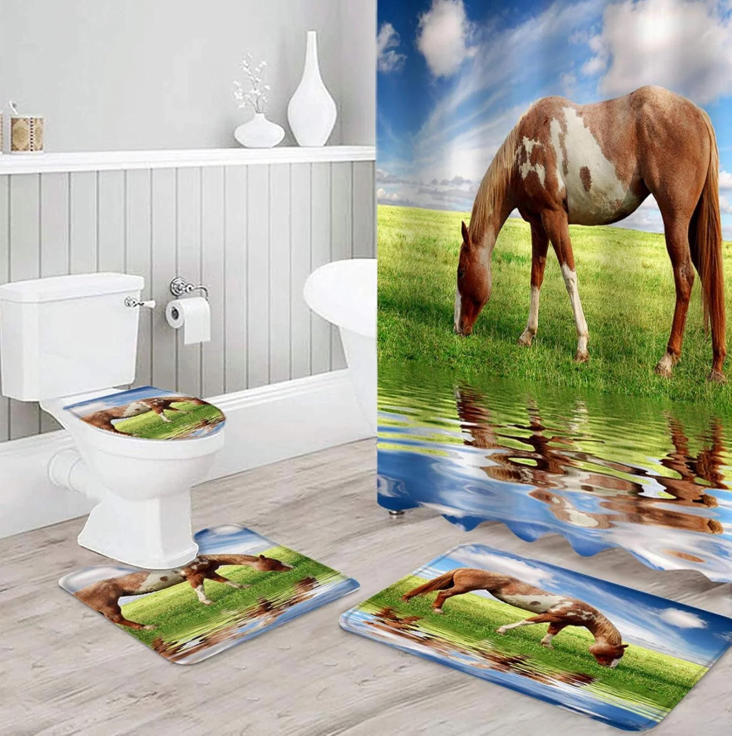 ست پرده حمام ضد آب طرح اسب قهوه ای، چمنزار، رودخانه، به همراه فرش دستشویی، روکش صندلی توالت و پادری