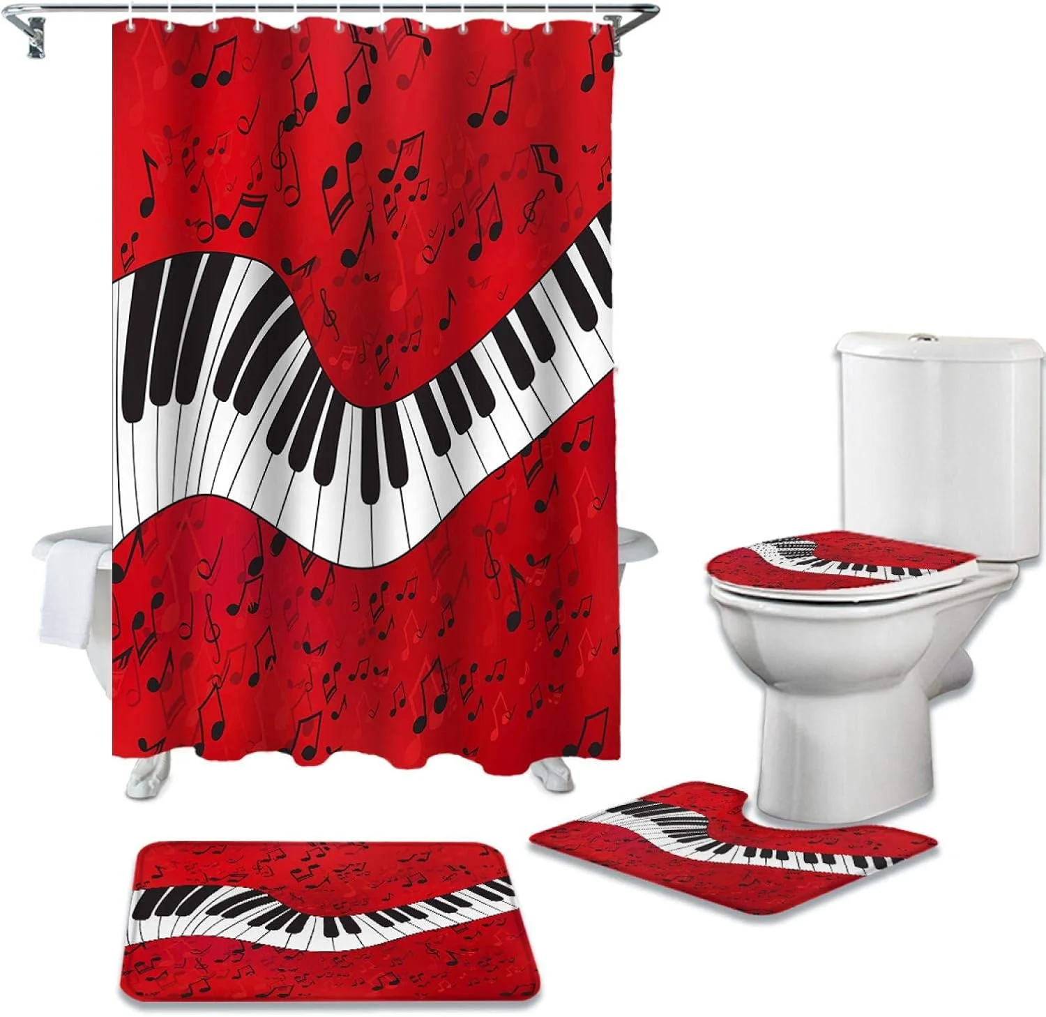 پرده حمام طرح نت موسیقی پیانو به همراه فرش ضد لغزش، روکش درب توالت و پادری ضد آب