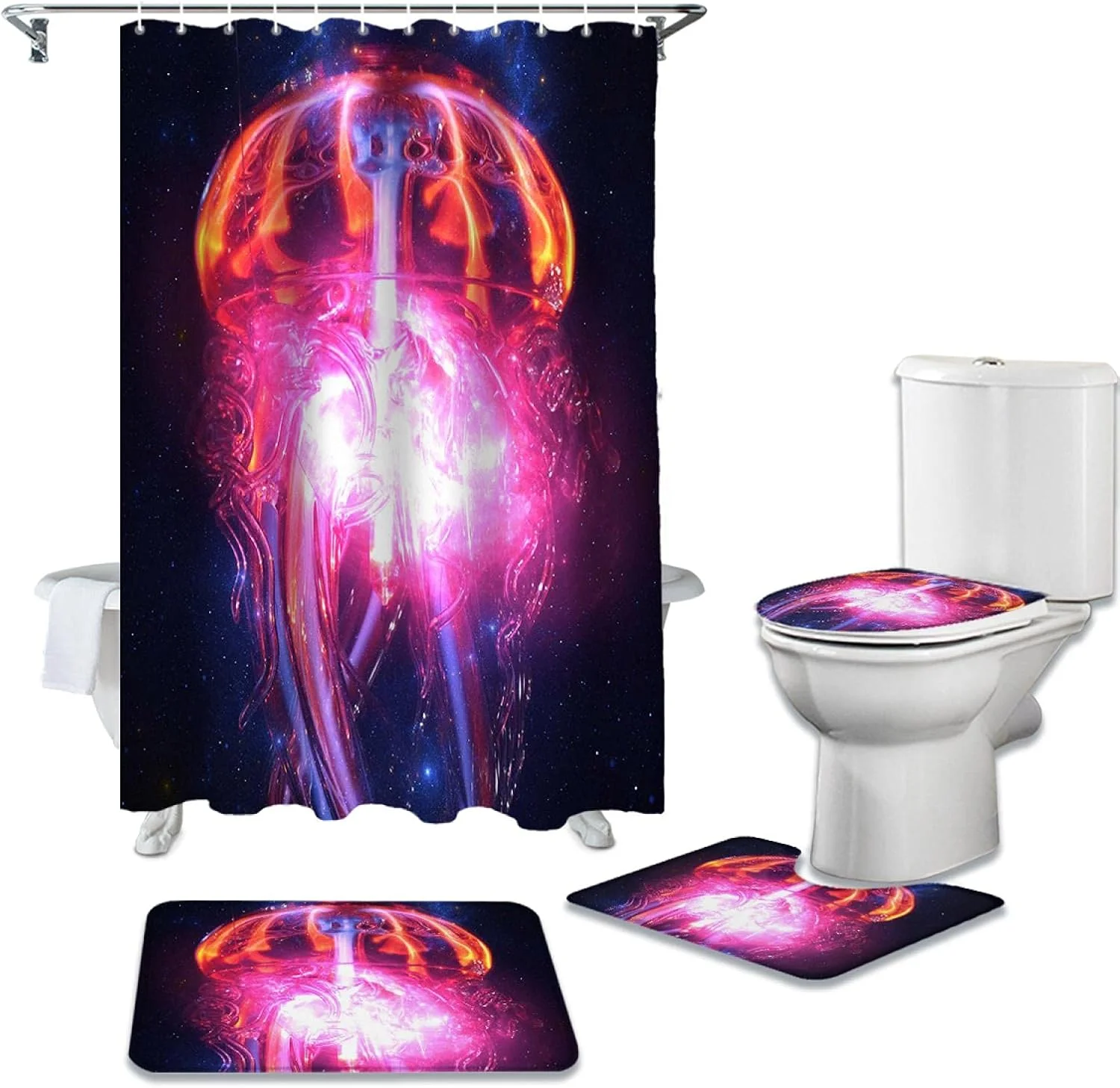 ست پرده حمام شیشه ای چتر دریایی کهکشان آسمان پرستاره BANLV، شامل فرش های ضد لغزش، روکش درب توالت و پادری حمام، پرده های حمام ضد آب
