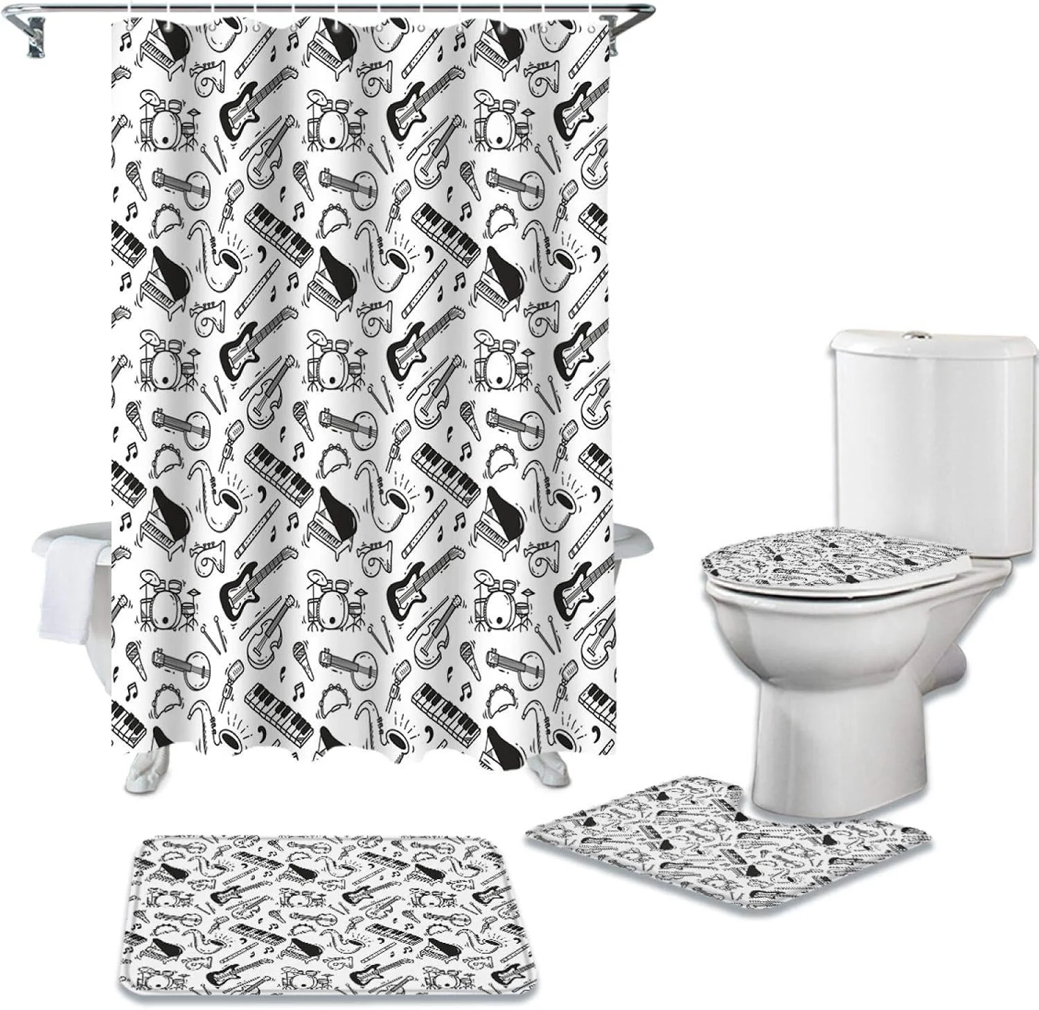 ست پرده حمام، فرش و روکش توالت با طرح های گیتار، پیانو و ویولن - مناسب برای دکوراسیون منزل و هدیه ست پرده حمام، فرش و روکش توالت با طرح های گیتار، پیانو و ویولن - مناسب برای دکوراسیون منزل و هدیه