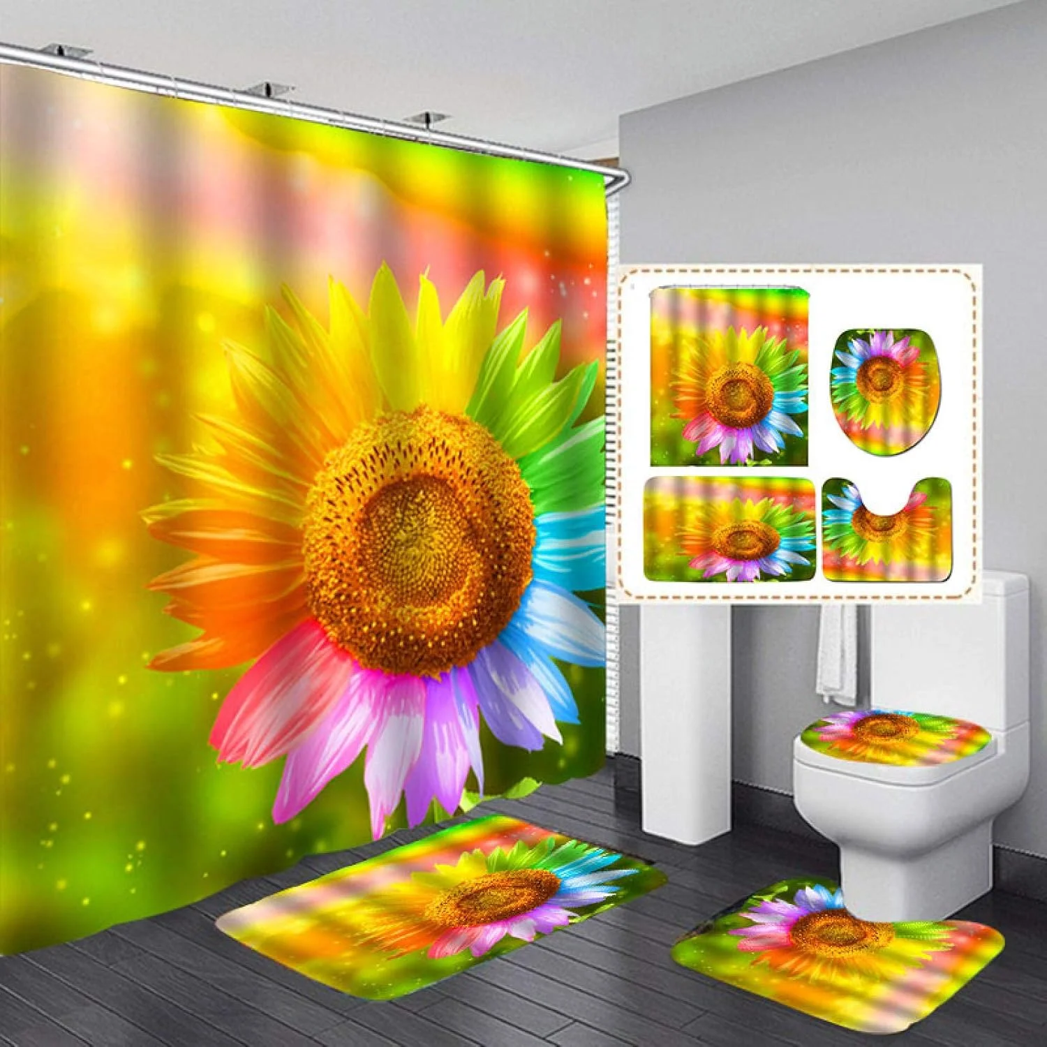 ست حمام آفتابگردان چند رنگ BANLV شامل پرده حمام ضد آب، زیرانداز ضد لغزش، روکش توالت، پرده حمام