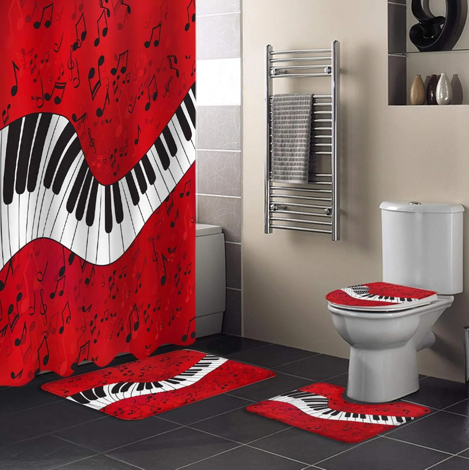 پرده حمام طرح نت موسیقی پیانو به همراه فرش ضد لغزش، روکش درب توالت و پادری ضد آب