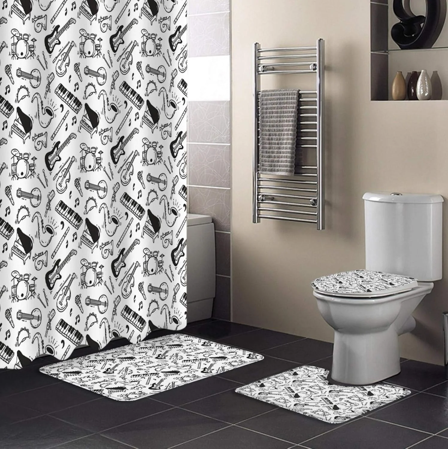 ست پرده حمام، فرش و روکش توالت با طرح های گیتار، پیانو و ویولن - مناسب برای دکوراسیون منزل و هدیه