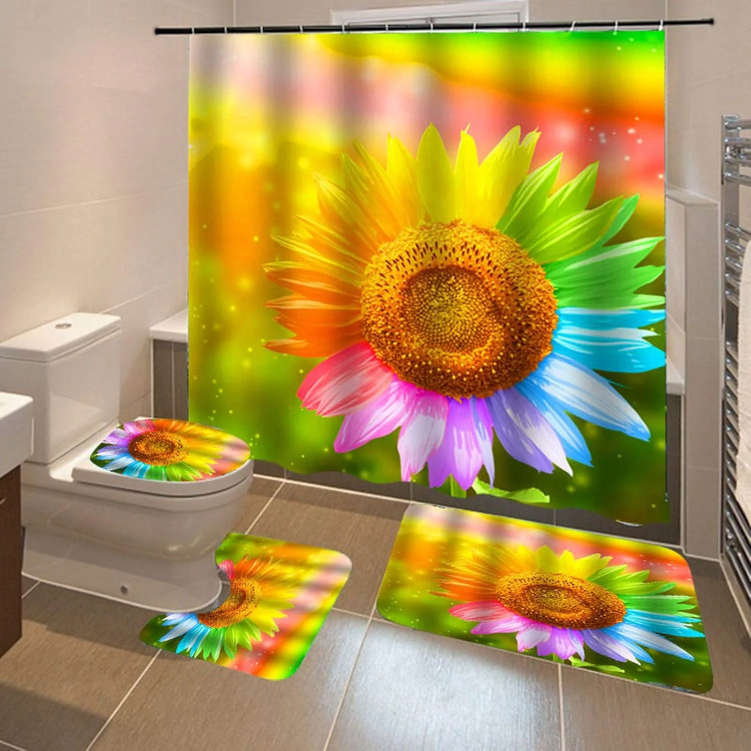 ست حمام آفتابگردان چند رنگ BANLV شامل پرده حمام ضد آب، زیرانداز ضد لغزش، روکش توالت، پرده حمام