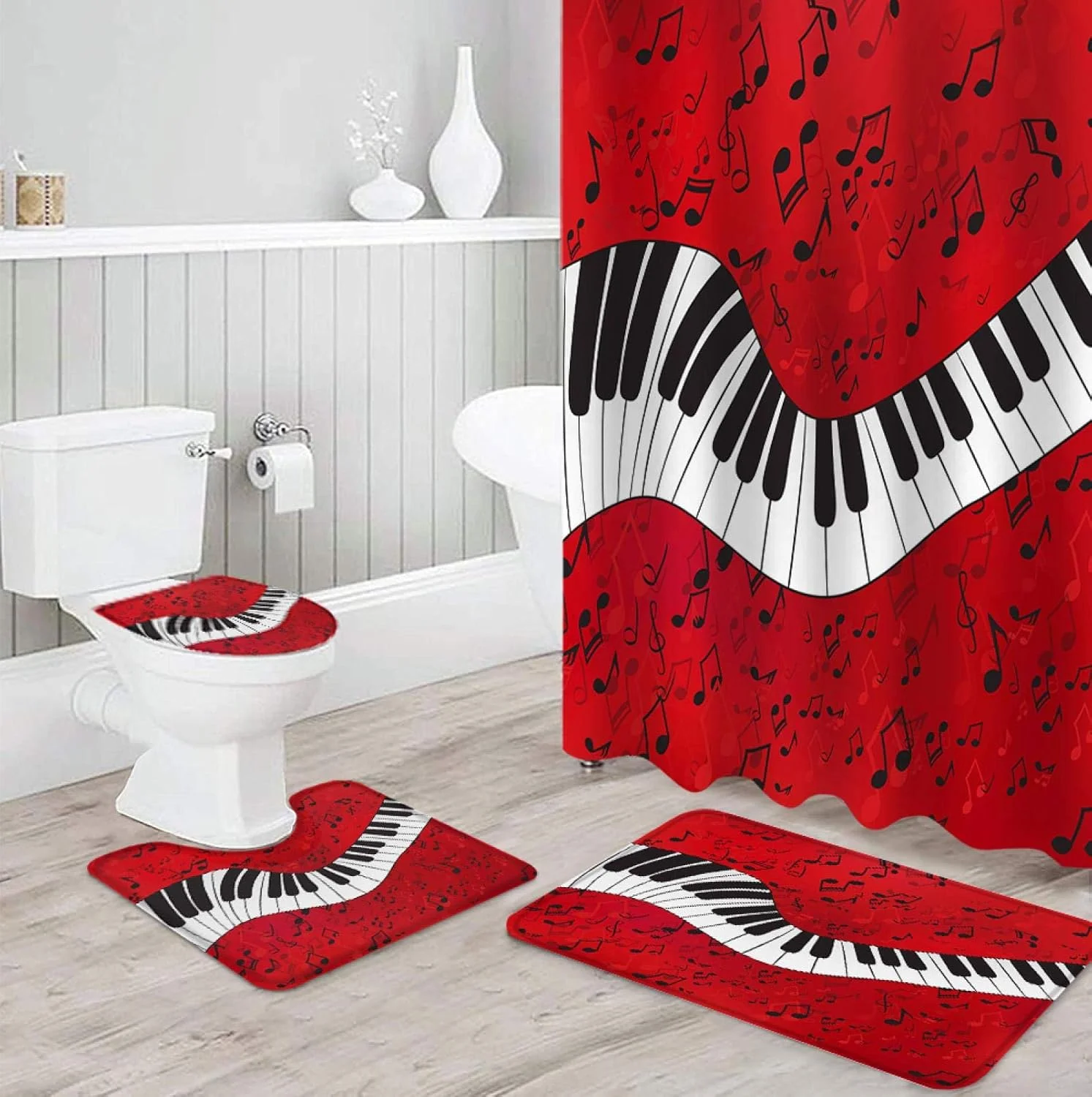 پرده حمام طرح نت موسیقی پیانو به همراه فرش ضد لغزش، روکش درب توالت و پادری ضد آب