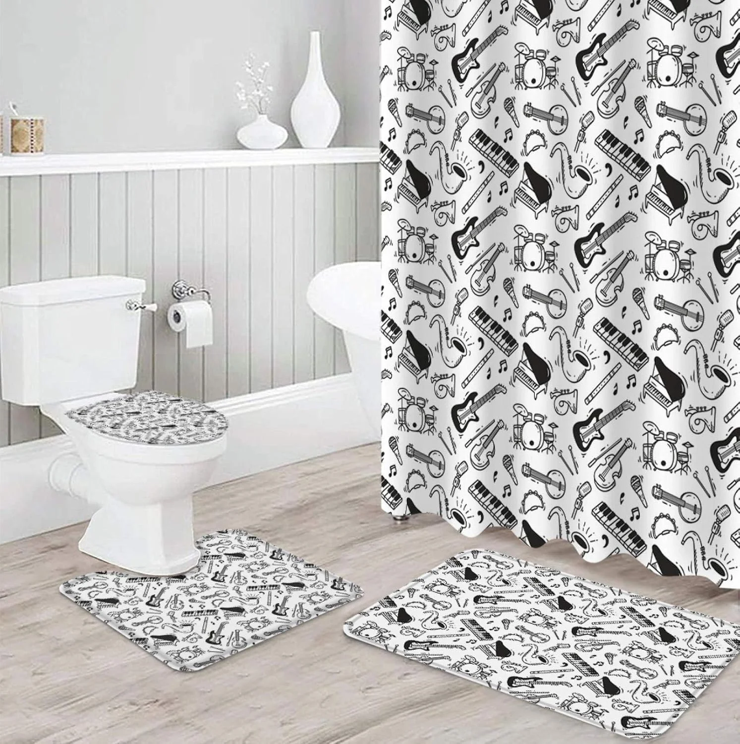 ست پرده حمام، فرش و روکش توالت با طرح های گیتار، پیانو و ویولن - مناسب برای دکوراسیون منزل و هدیه