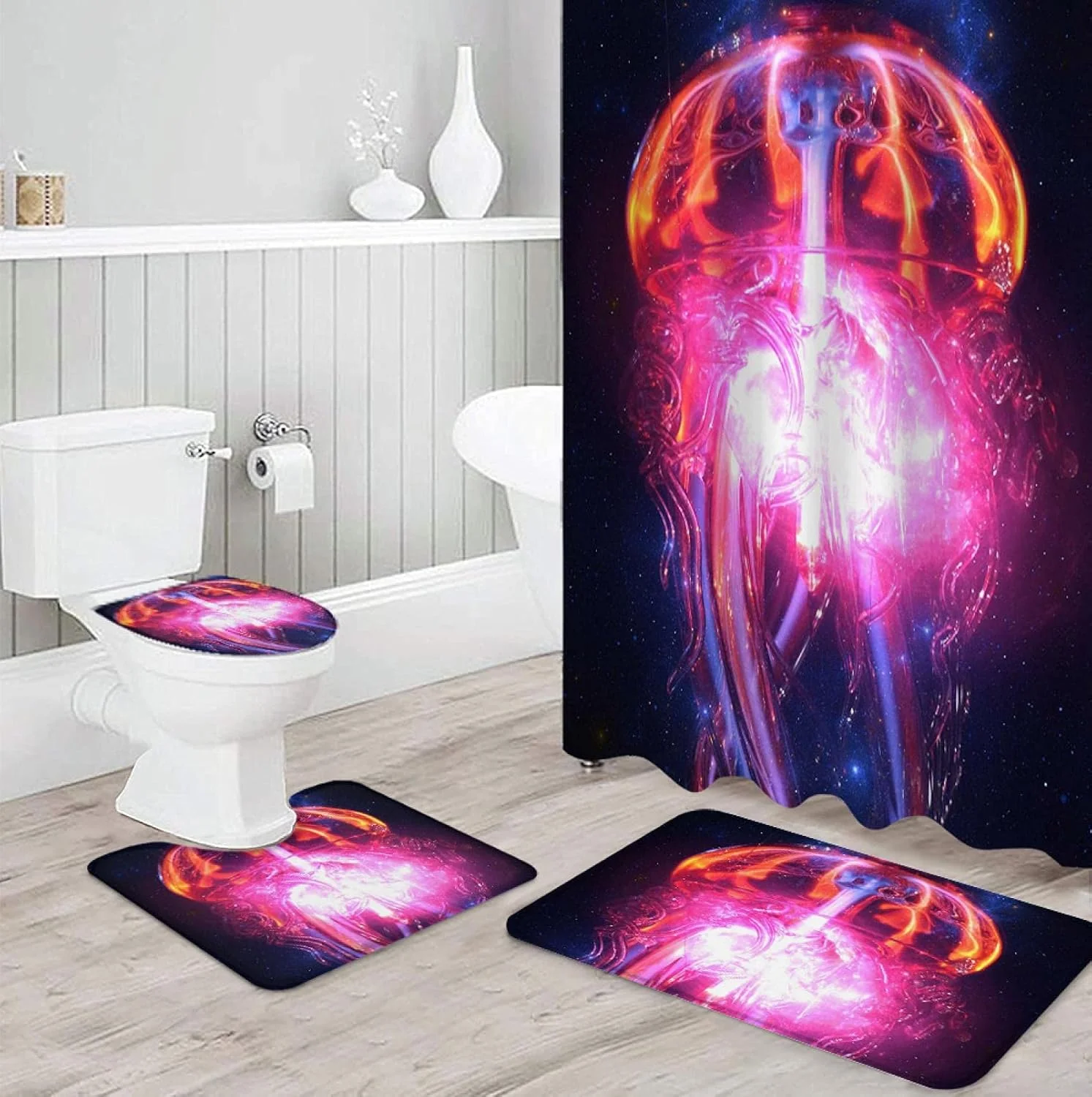 ست پرده حمام شیشه ای چتر دریایی کهکشان آسمان پرستاره BANLV، شامل فرش های ضد لغزش، روکش درب توالت و پادری حمام، پرده های حمام ضد آب