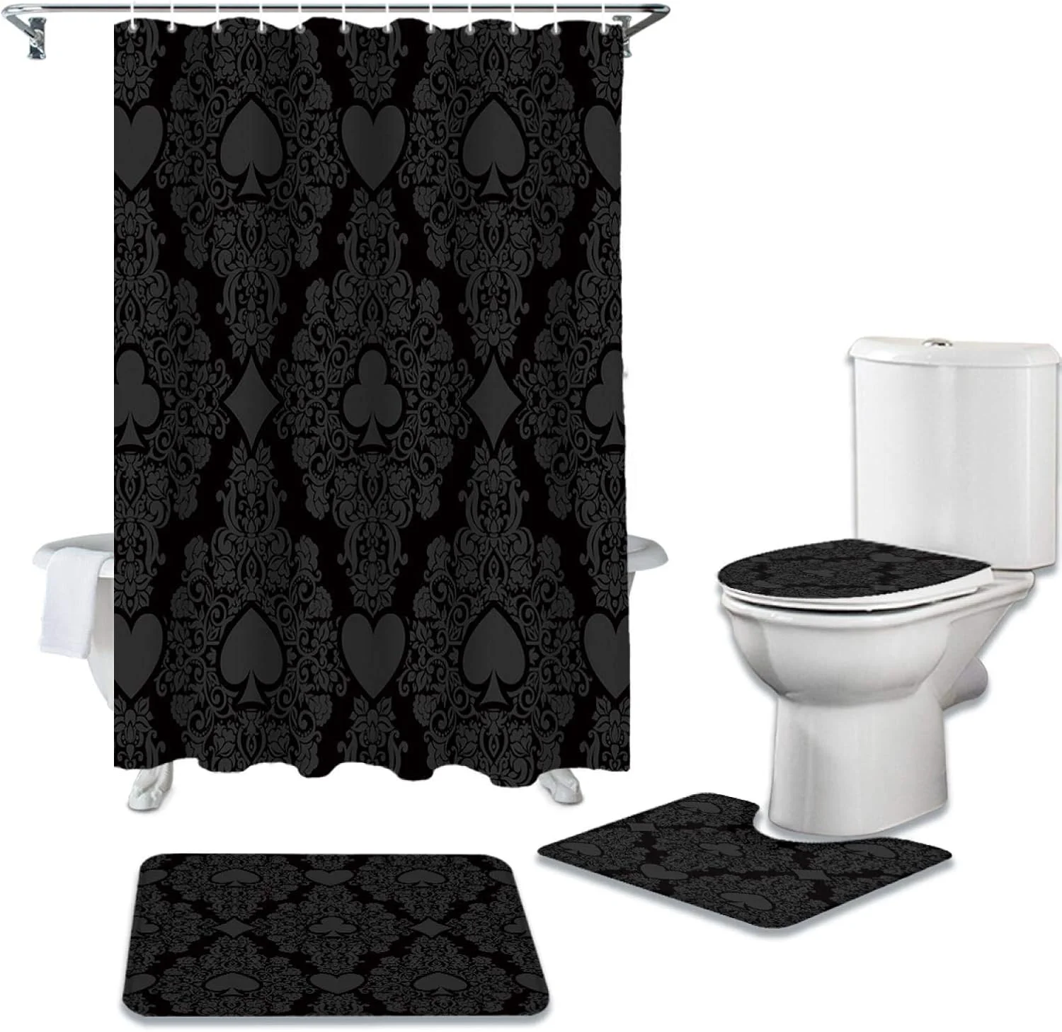 ست پرده حمام ضد آب بادوام با طرح قلب و توری، فرش حمام، روکش صندلی توالت و پادری