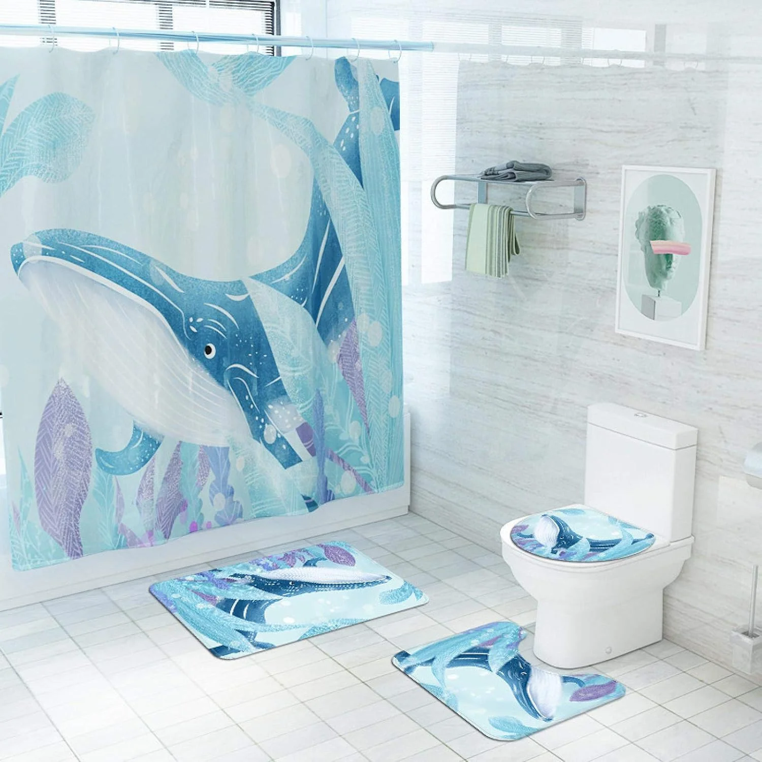 ست حمام طرح نهنگ آبی شامل پرده حمام، زیرانداز ضد لغزش، فرش حمام، روکش صندلی توالت و پادری