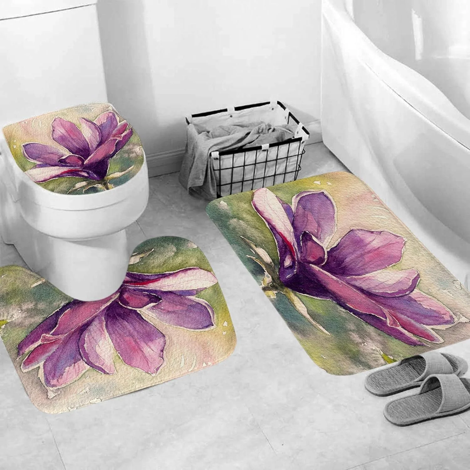 پرده حمام طرح گل بنفش BANLV، ست 4 تکه شامل پرده، روکش فرش، روکش توالت و پادری، مناسب برای دکوراسیون منزل، جنس پارچه پلی استر