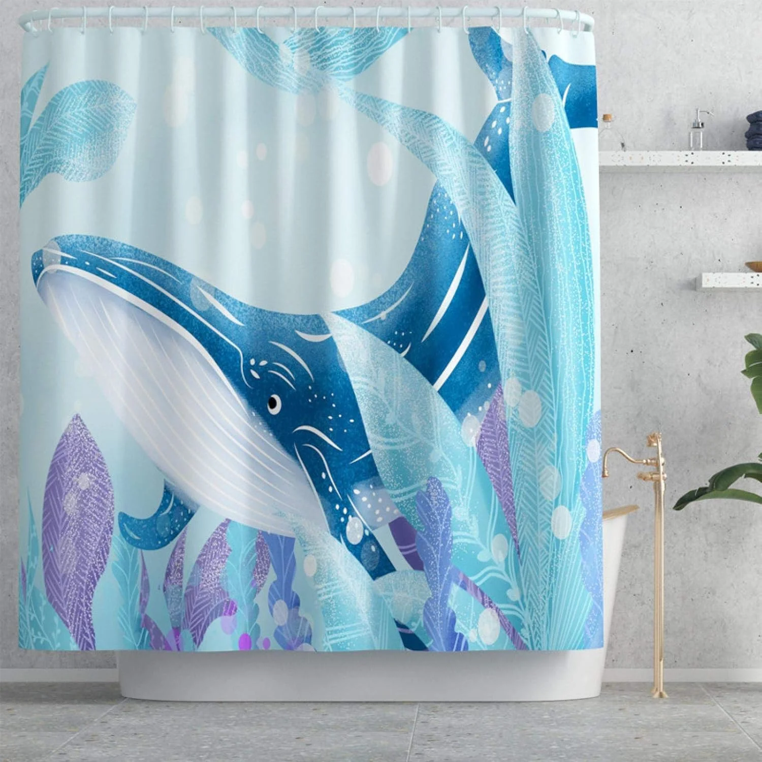 ست حمام طرح نهنگ آبی شامل پرده حمام، زیرانداز ضد لغزش، فرش حمام، روکش صندلی توالت و پادری