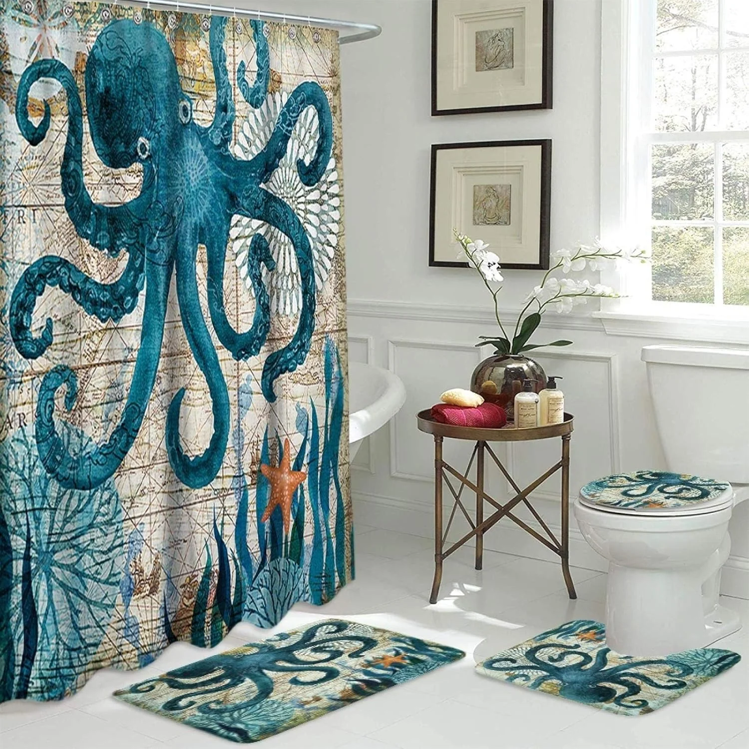 پرده حمام ضد آب طرح هشت پا دریایی BANLV، ابعاد ۱۸۰ * ۱۸۰ سانتی متر، ست ۴ تکه شامل فرش پایه، پادری و روکش توالت، مناسب برای حمام منزل