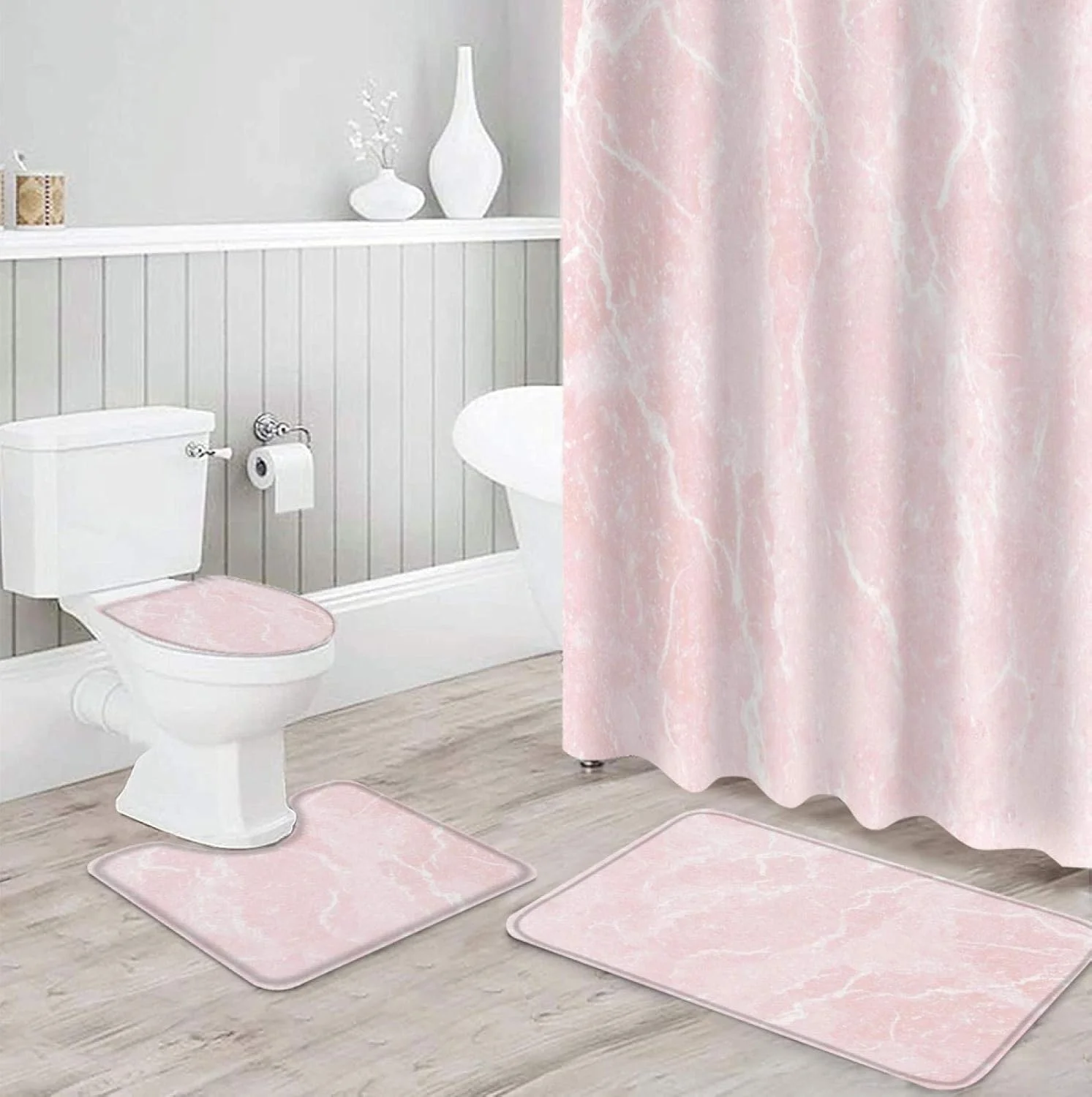 ست پرده حمام ضد آب با طرح سنگ مرمر صورتی، فرش و پادری حمام و روکش صندلی توالت