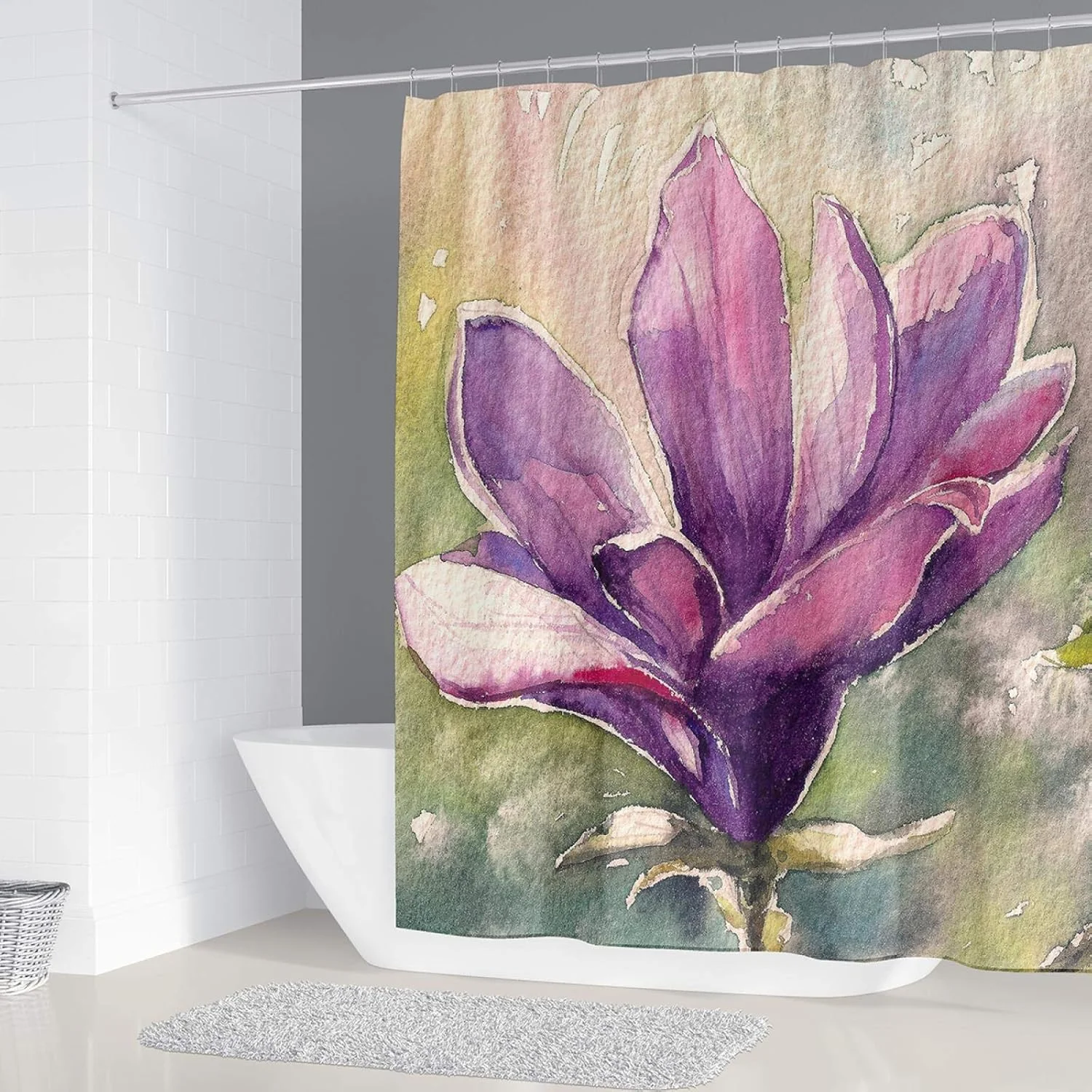 پرده حمام طرح گل بنفش BANLV، ست 4 تکه شامل پرده، روکش فرش، روکش توالت و پادری، مناسب برای دکوراسیون منزل، جنس پارچه پلی استر