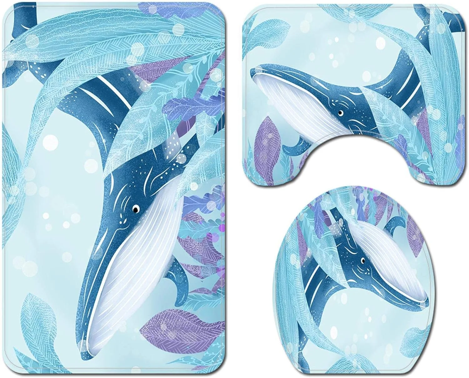 ست حمام طرح نهنگ آبی شامل پرده حمام، زیرانداز ضد لغزش، فرش حمام، روکش صندلی توالت و پادری