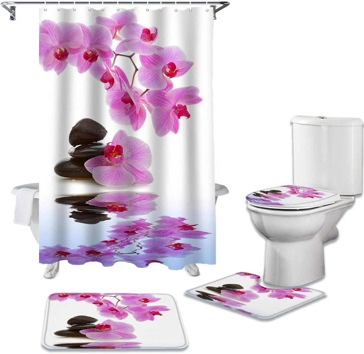 ست پرده حمام با طرح گل ارکیده صورتی، فرش ضد لغزش، روکش درب توالت و پادری، پرده های حمام ضد آب