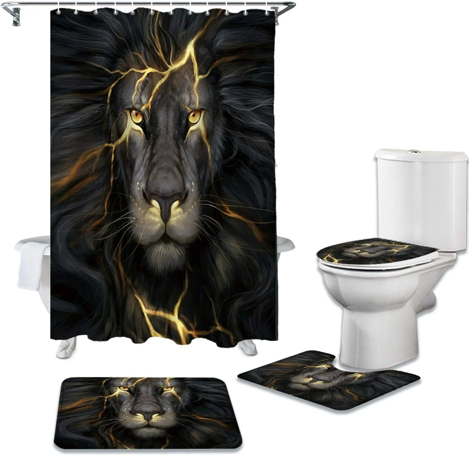 ست پرده حمام مشکی طرح شیر BANLV به همراه زیرانداز، پادری و روکش درب توالت، مناسب برای دکوراسیون منزل و هدیه
