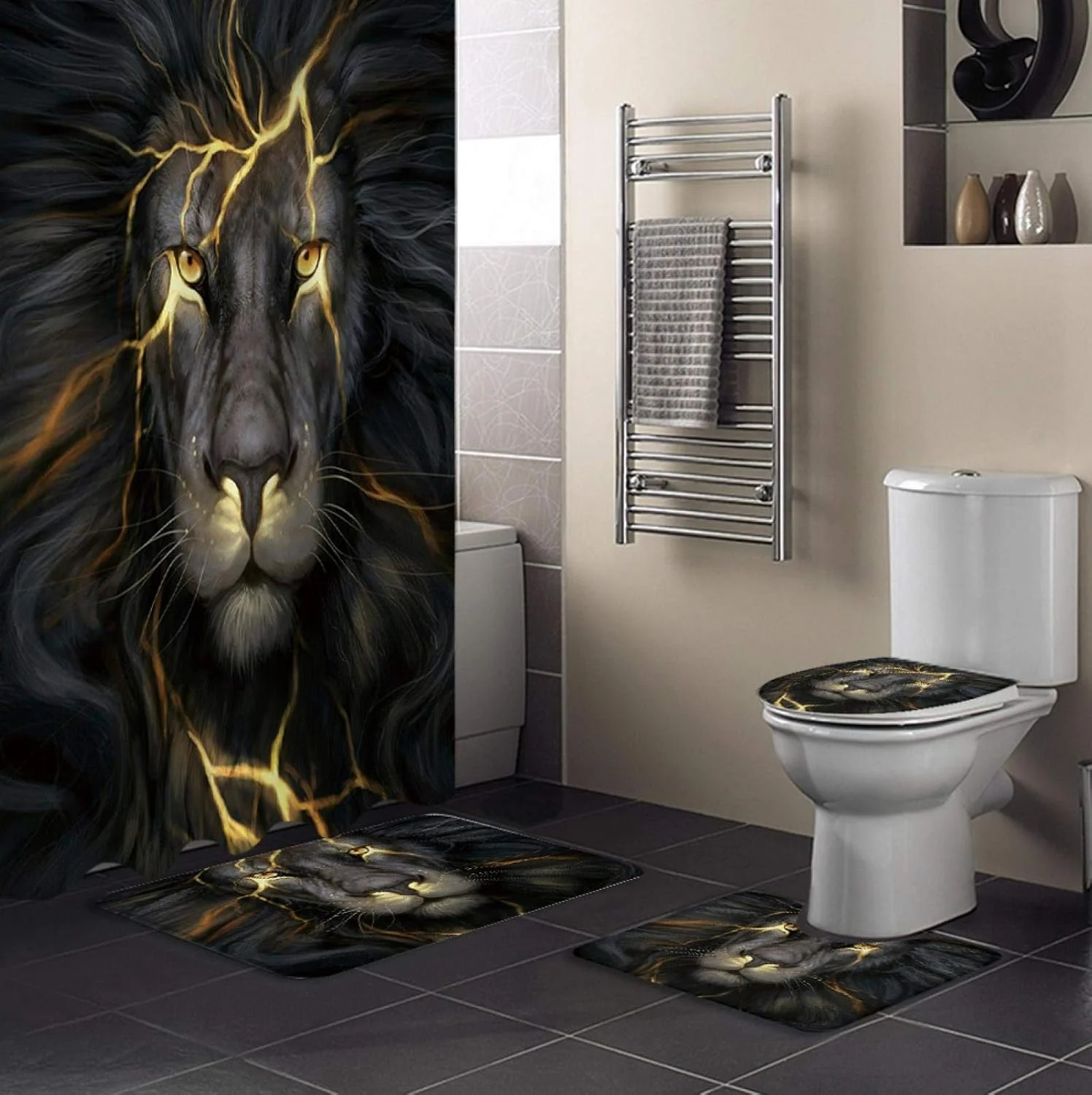 ست پرده حمام مشکی طرح شیر BANLV به همراه زیرانداز، پادری و روکش درب توالت، مناسب برای دکوراسیون منزل و هدیه