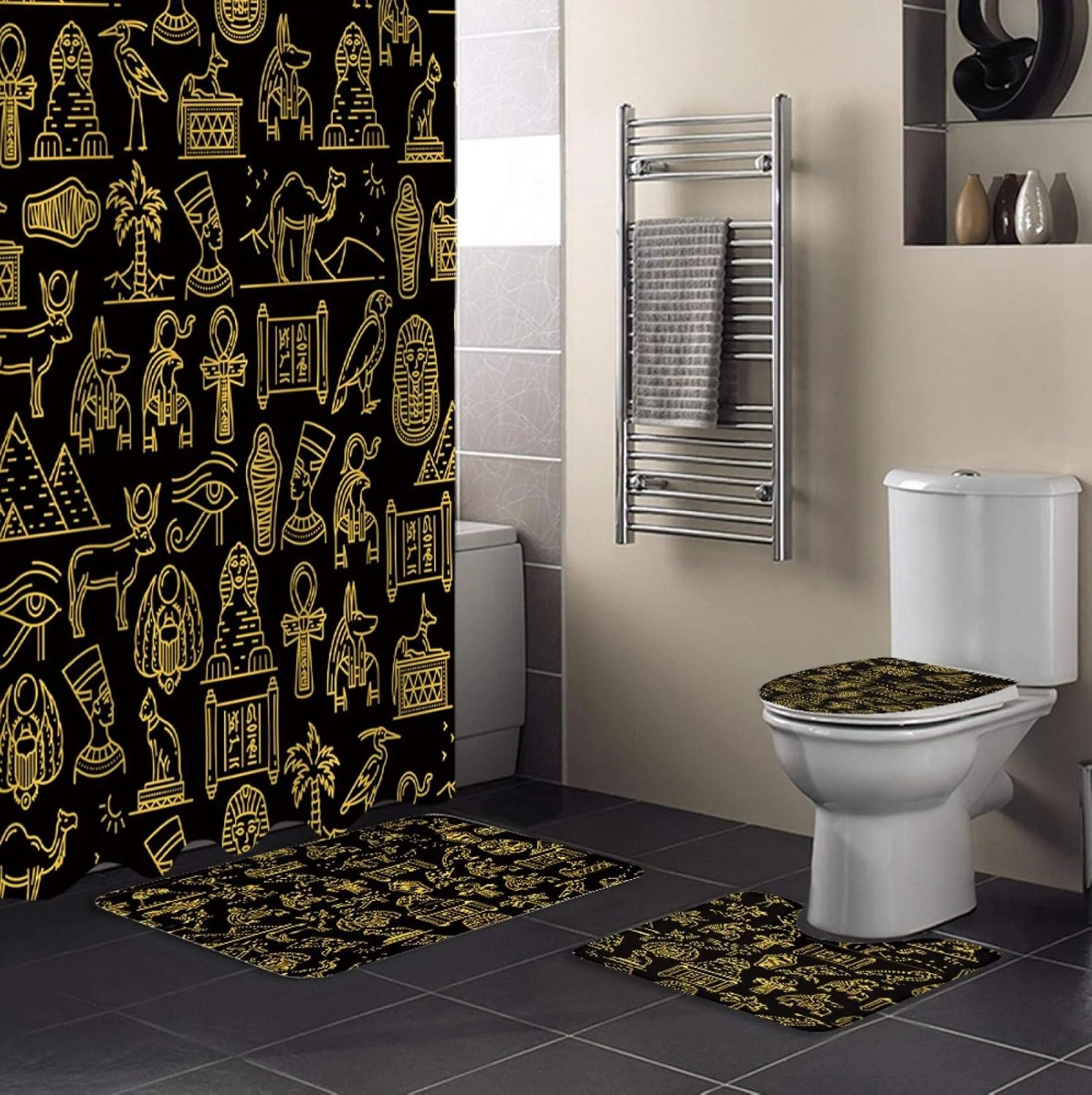 ست پرده حمام ضد آب و بادوام طرح اهرام مصر و ابوالهول، فرش دستشویی، روکش صندلی توالت و پادری