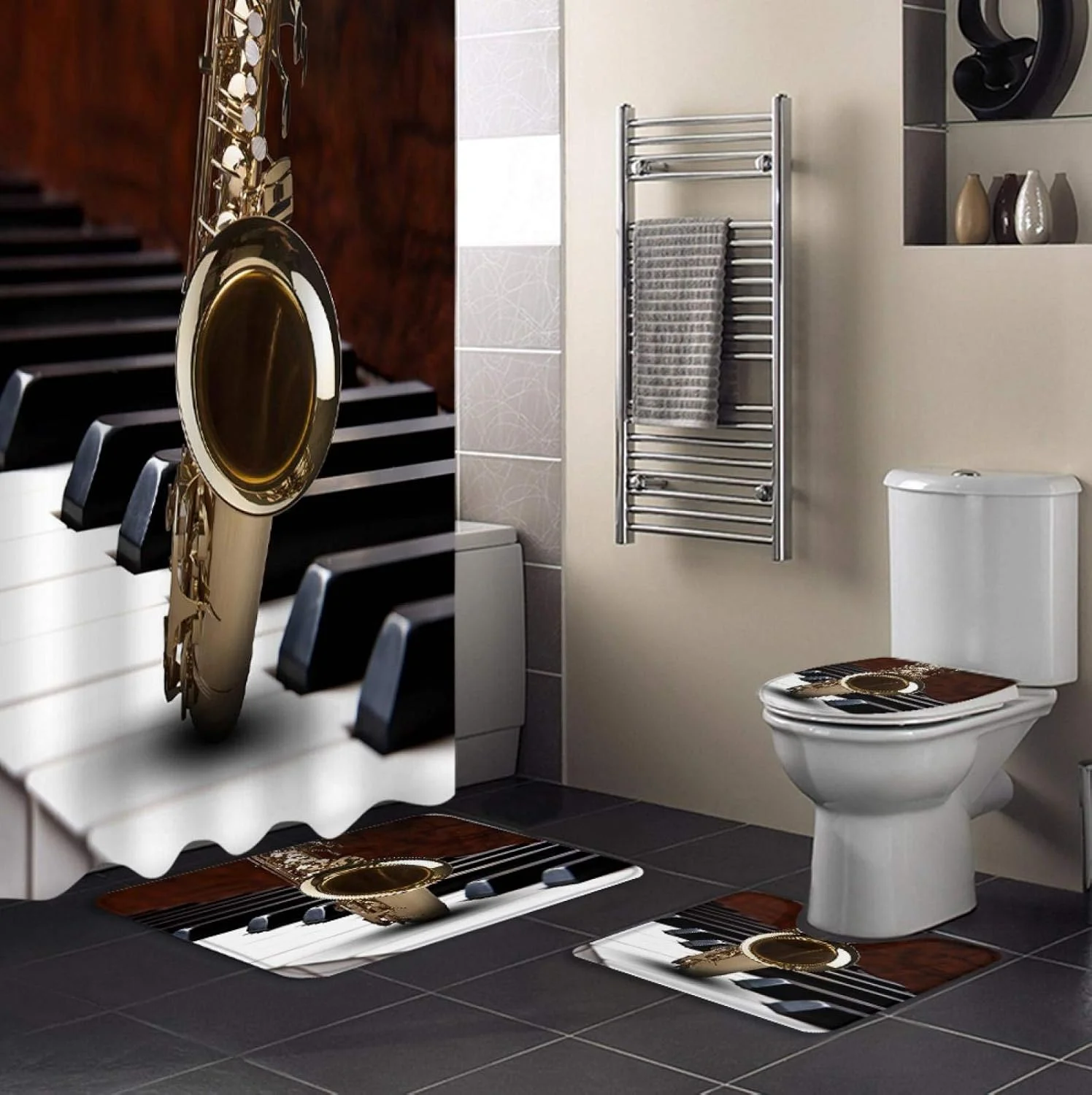 ست پرده حمام با طرح پیانو و ساکسیفون، شامل فرش ضد لغزش، روکش درب توالت و پادری حمام، پرده های ضد آب حمام