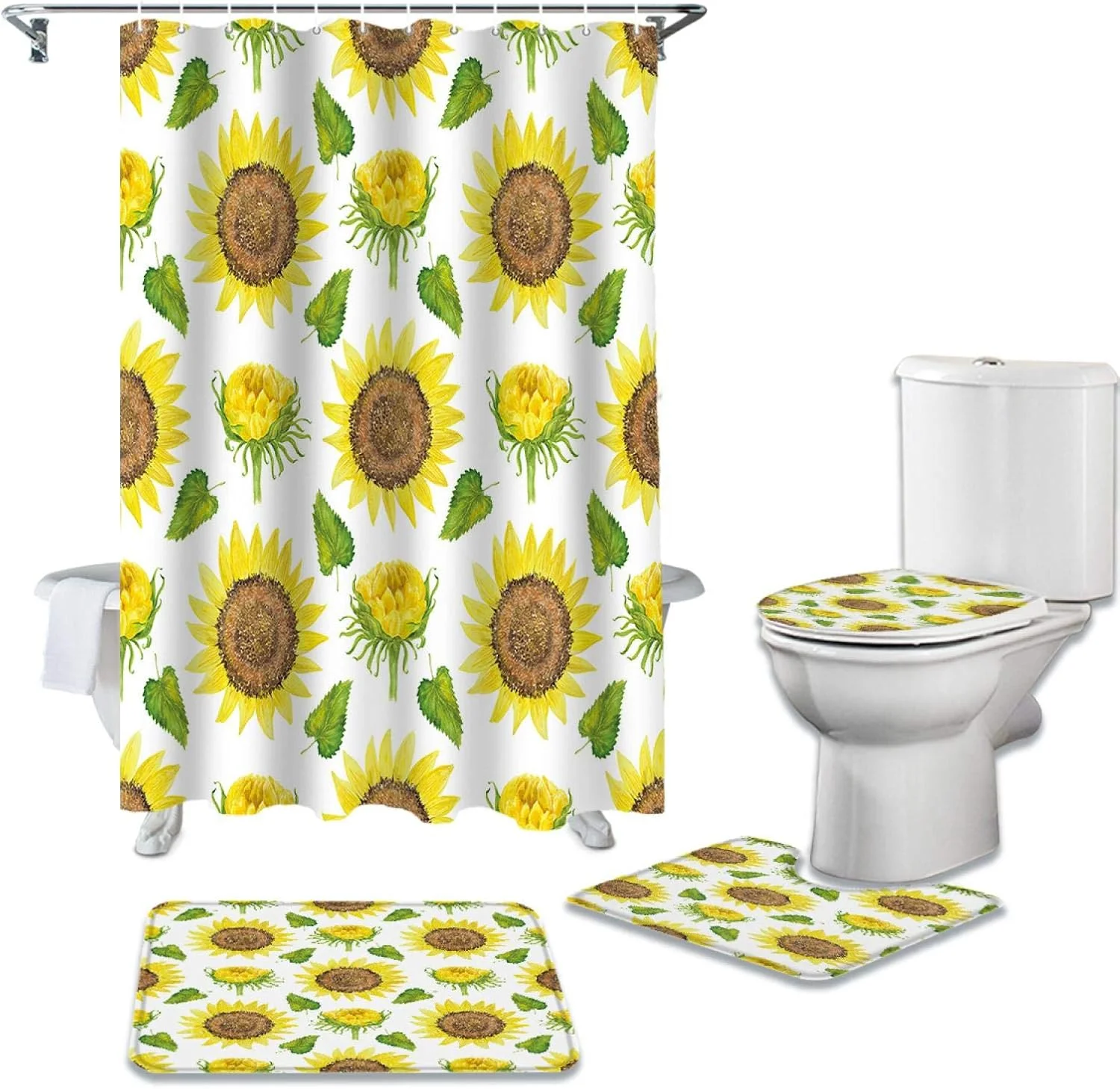 ست پرده حمام ضد آب با طرح گل آفتابگردان، فرش حمام، روکش صندلی توالت و پادری
