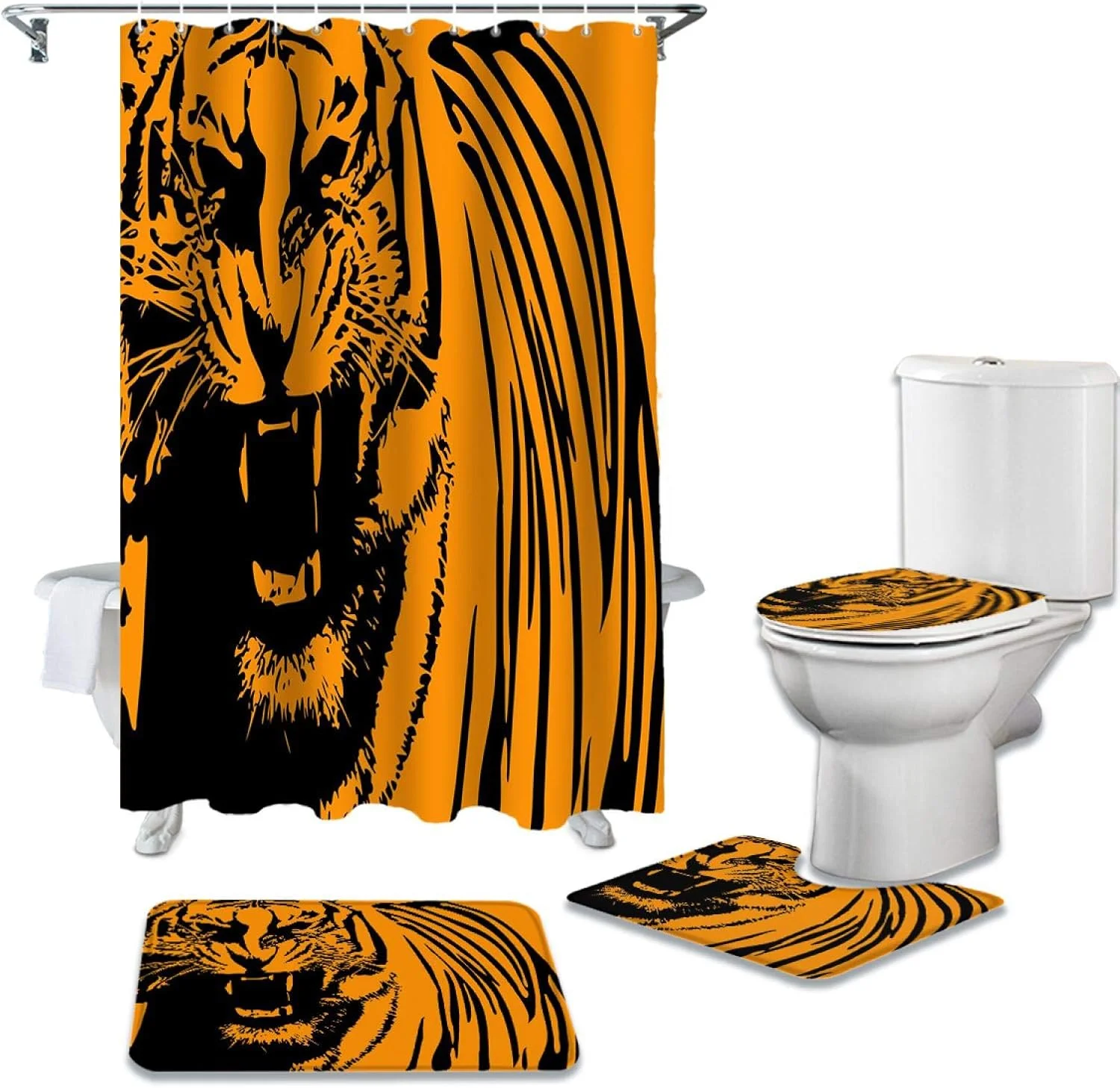 ست پرده حمام ضد آب طرح راه راه ببری نارنجی، فرش حمام، روکش صندلی توالت و پادری