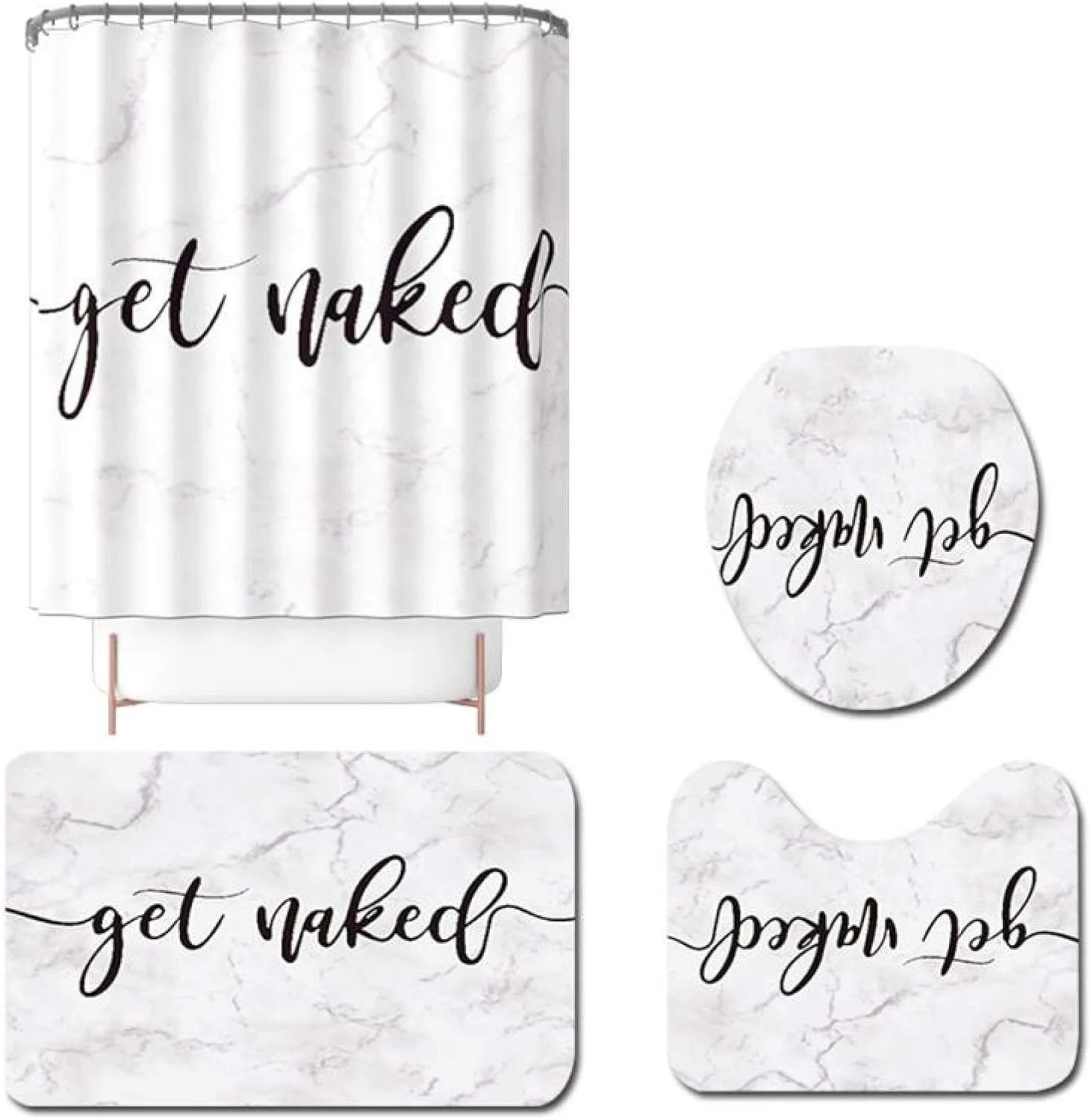 ست 4 تکه پرده حمام چاپی سفید، ست بامزه دستشویی شامل فرش ضد لغزش، روکش درب توالت، پد زیرپایی و پرده حمام مناسب دکوراسیون منزل