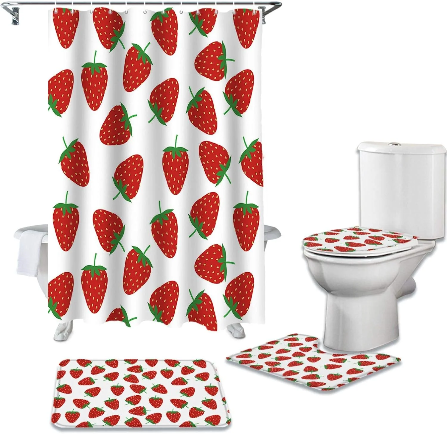 ست لوازم حمام با طرح توت فرنگی سفید شامل پرده حمام ضد آب از جنس پارچه بادوام، فرش، روکش درب توالت و پادری