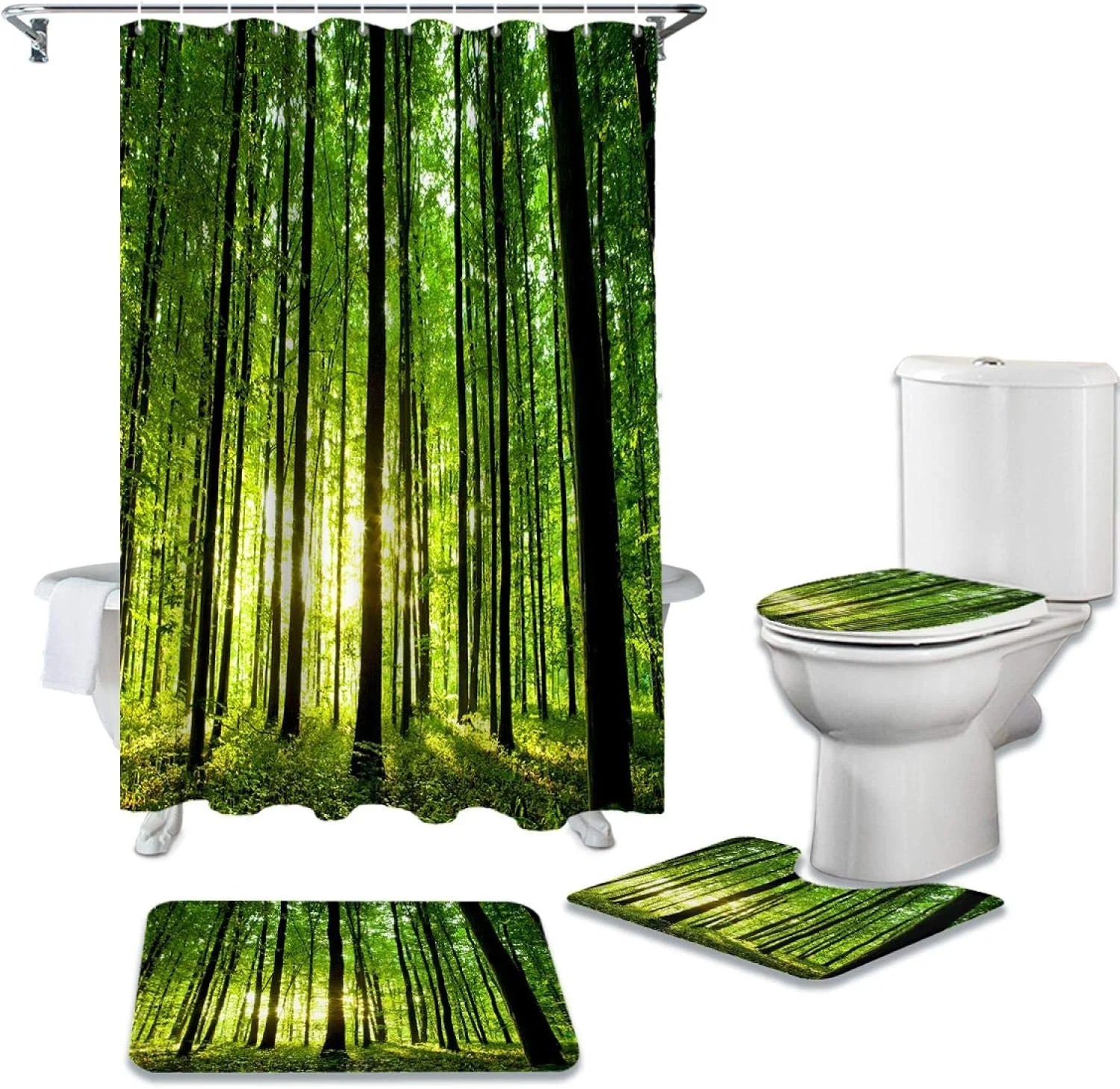 ست پرده حمام ضد آب و بادوام با طرح گیاهان جنگل سبز، شامل فرش دستشویی، روکش صندلی توالت و پادری