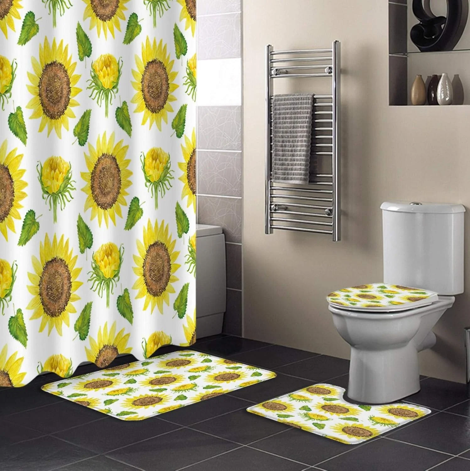 ست پرده حمام ضد آب با طرح گل آفتابگردان، فرش حمام، روکش صندلی توالت و پادری