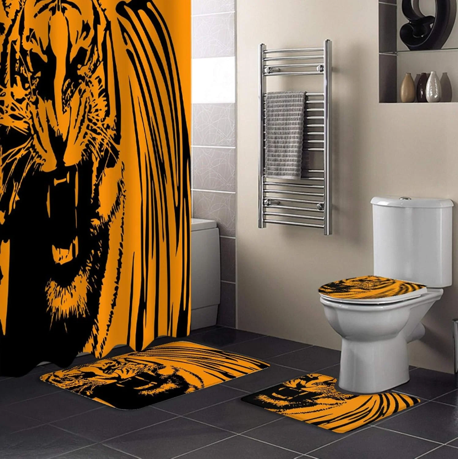 ست پرده حمام ضد آب طرح راه راه ببری نارنجی، فرش حمام، روکش صندلی توالت و پادری