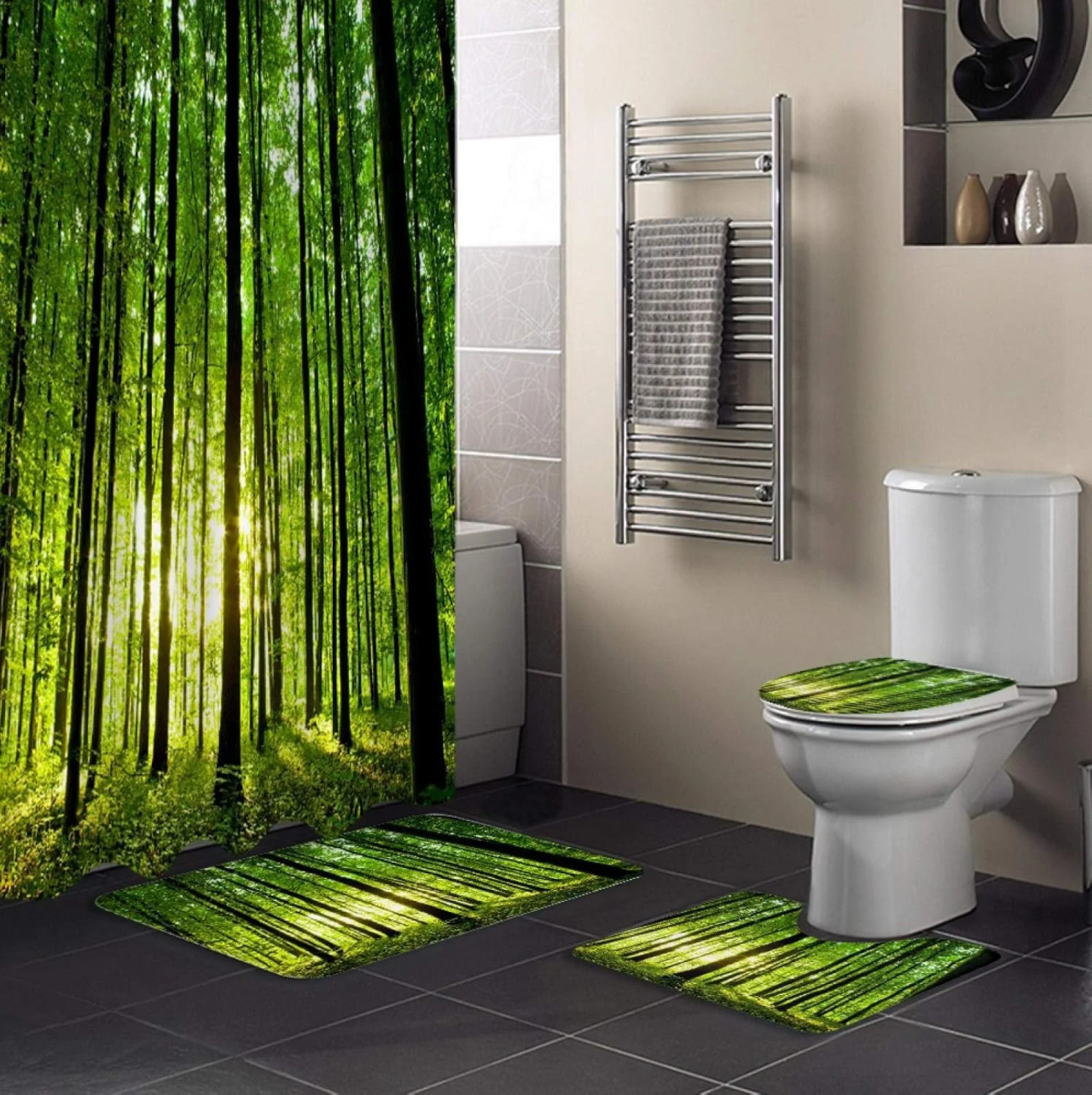 ست پرده حمام ضد آب و بادوام با طرح گیاهان جنگل سبز، شامل فرش دستشویی، روکش صندلی توالت و پادری