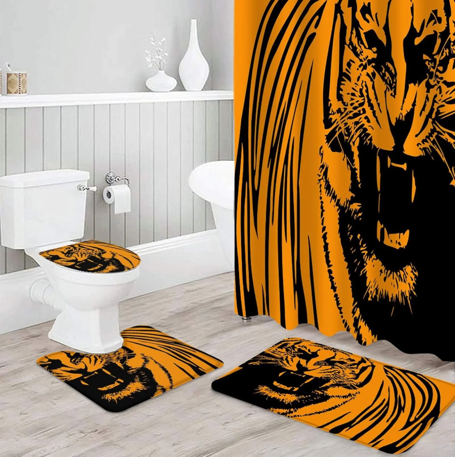 ست پرده حمام ضد آب طرح راه راه ببری نارنجی، فرش حمام، روکش صندلی توالت و پادری
